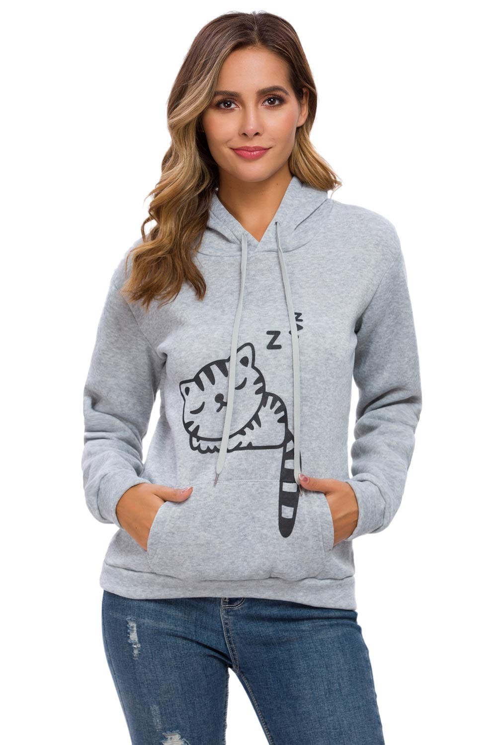 Cute Cat Ear Hoodie for Women & Teen Girls - Soft Pullover Sweatshirt with Sleeping Cat Print - Cozy Lounge Wear for Sleepovers & Casual Outings