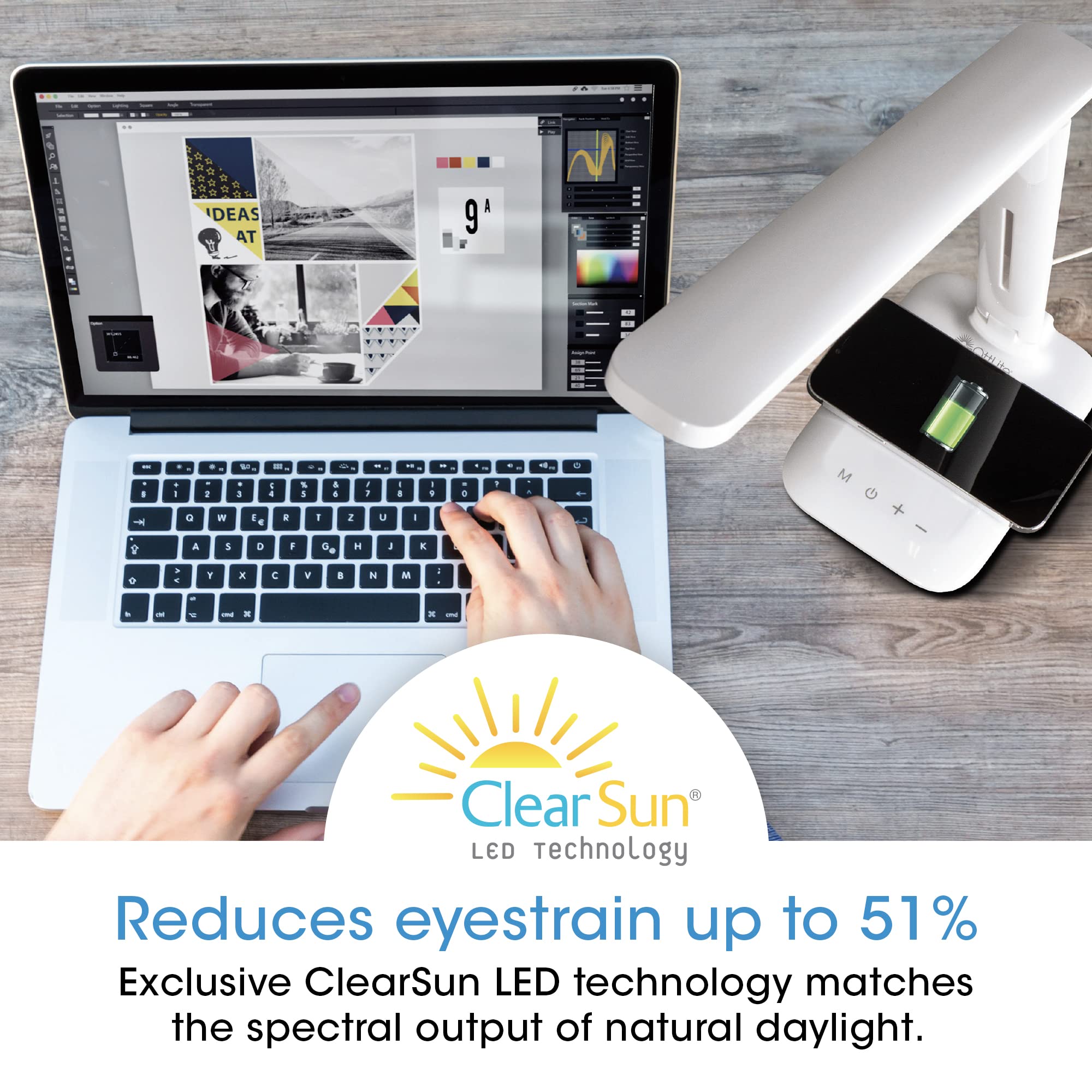 OttLite Charge Up LED Desk Lamp with Wireless Qi Charging & USB Port | ClearSun LED Technology | Adjustable Neck & 3 Color Modes | Eye Strain Relief | Perfect for Home Office, Study & Travel Workspaces