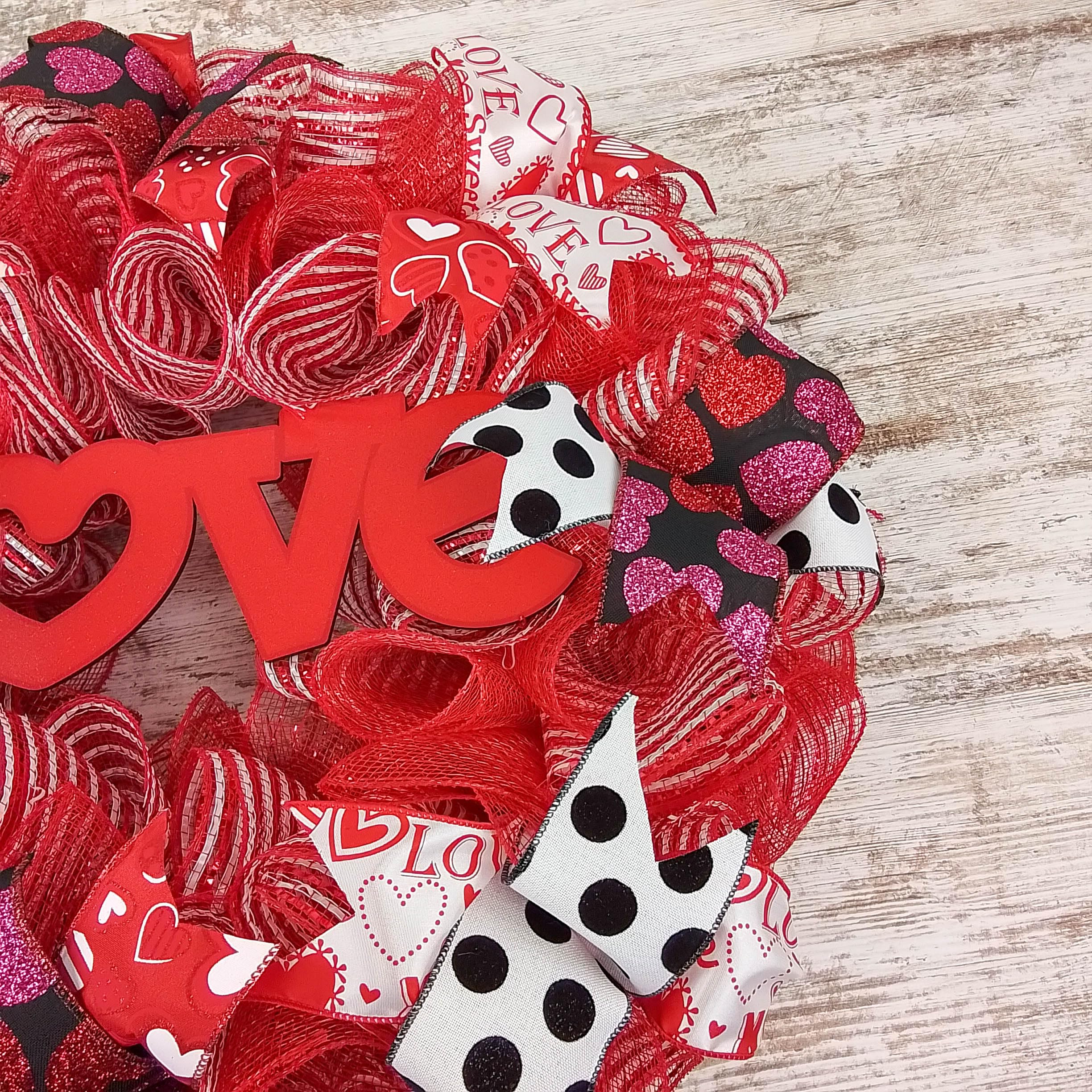 Valentine's Day Wreath - Romantic Red White Black Heart Door Hanging Decor for Home, Front Door, Porch & Wedding Decorations