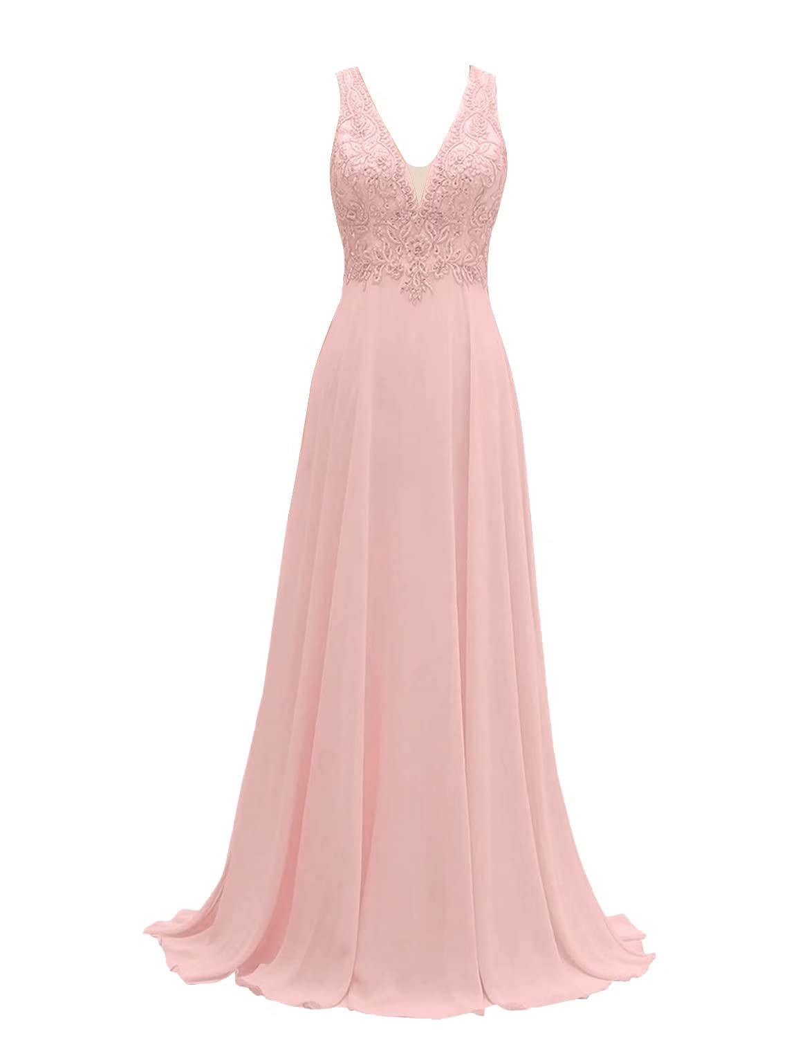 Elegant V-Neck Lace Bridesmaid Dress - Long Sleeveless A-Line Chiffon Formal Gown for Weddings, Evening Parties & Special Occasions - Blush Pink, Size US26