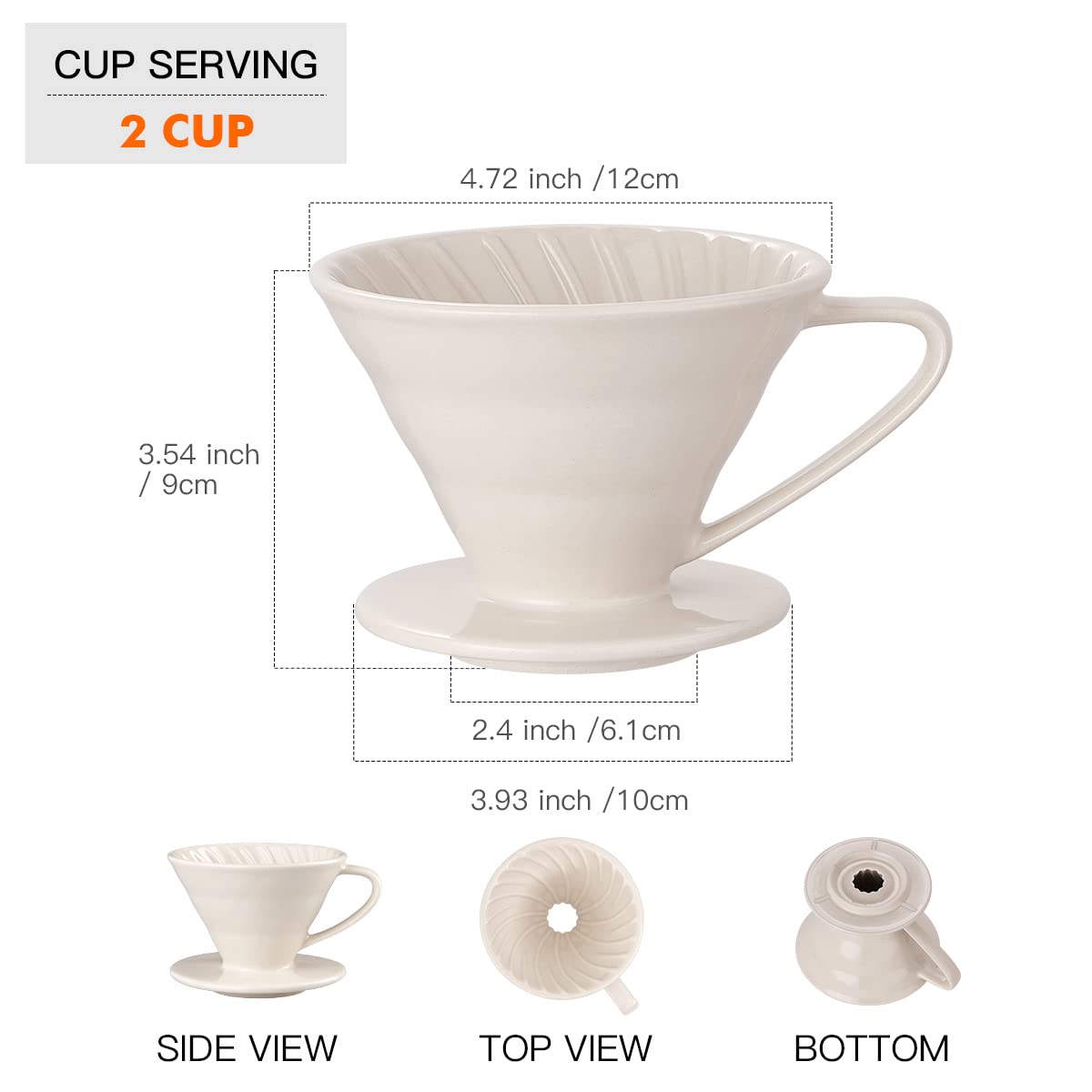 YOLIFE Ceramic Pour Over Coffee Dripper - 2 Cup Coffee Maker for Home & Office Brewing - Perfect for Single Serve or Small Batch Coffee - Off White Design
