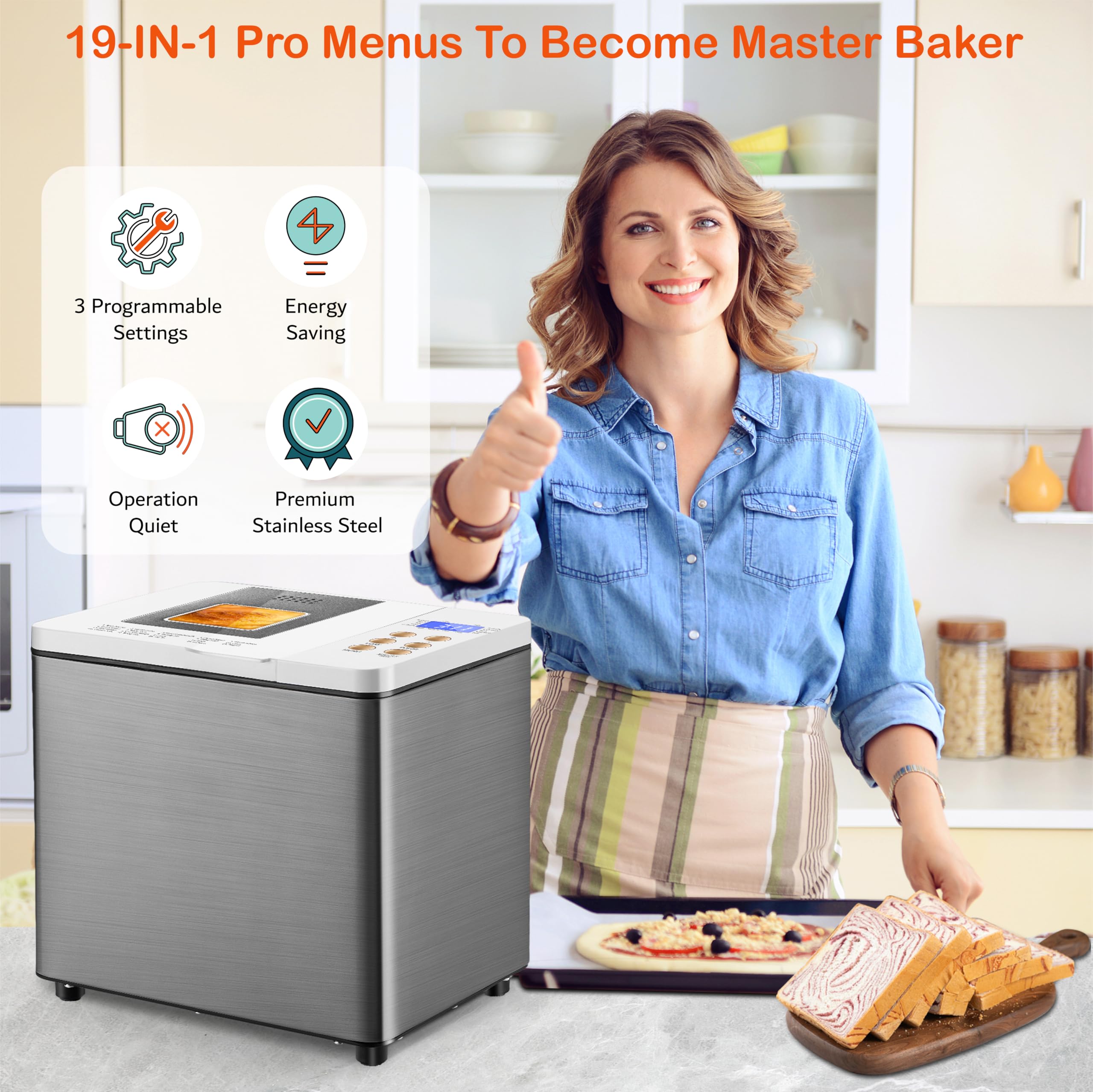 19-in-1 Smart Dual Heaters Bread Maker with Nonstick Ceramic Pan - 15H Timer & 1H Keep Warm - Stainless Steel Bread Machine for French, Gluten-Free, Sourdough - Perfect for Home Baking & Healthy Breakfast