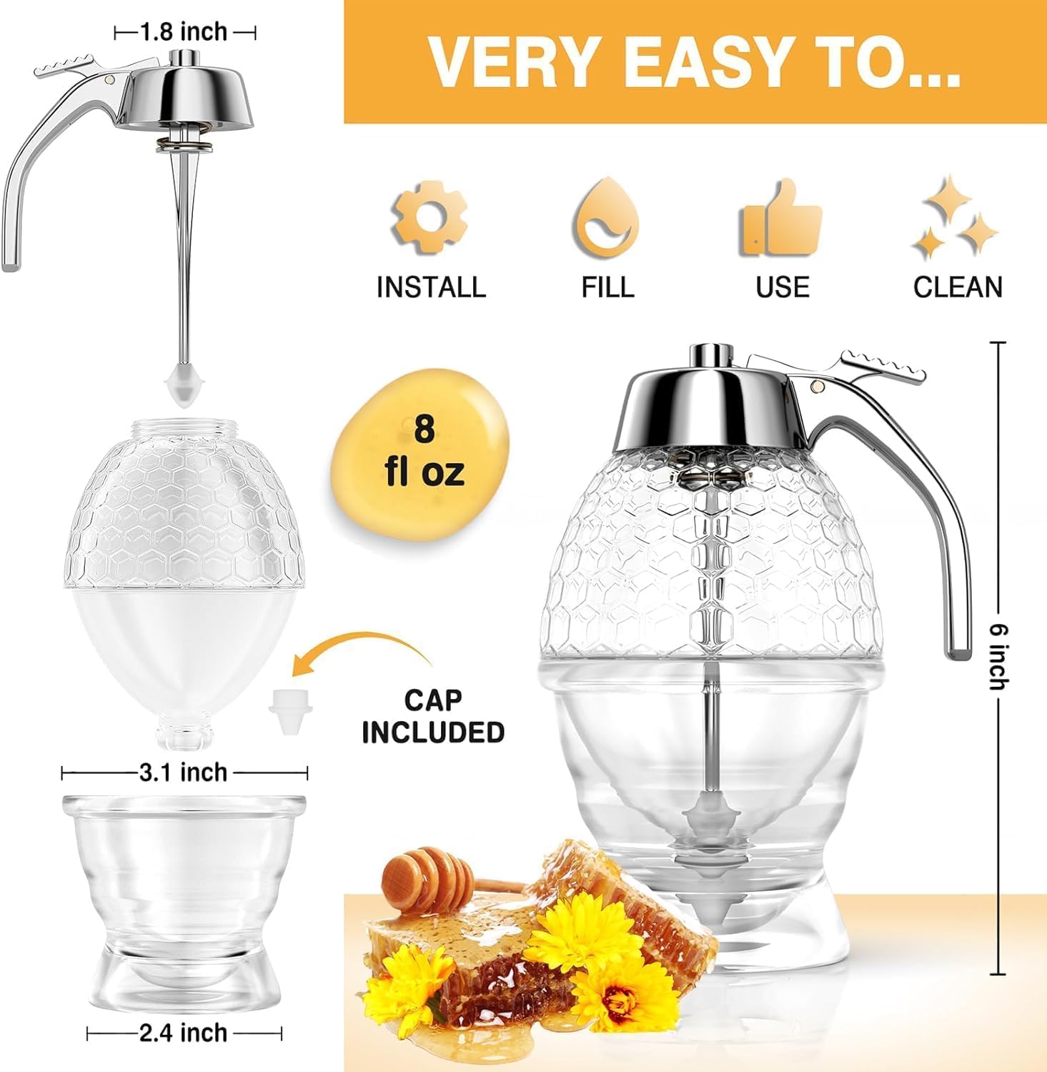 No Drip Glass Honey Dispenser with Stand - 8 oz Honey Comb Shaped Jar for Maple Syrup & Liquid Sweeteners - Perfect for Home Kitchen, Coffee Bar, Breakfast Table & Bee-Themed Decor