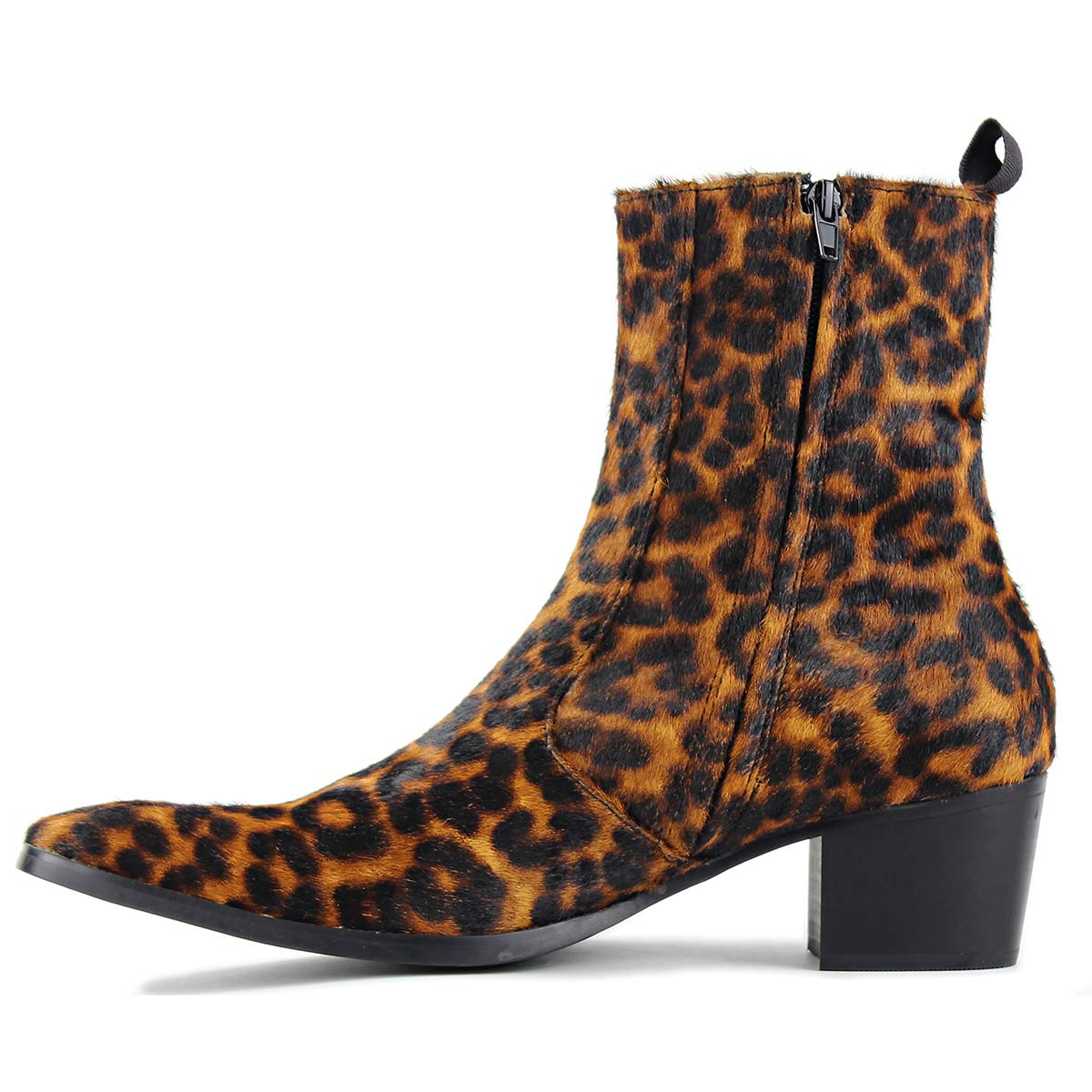 OSSTONE Men's Chelsea Ankle Boots - Genuine Leather & Pony Hair Leopard Print with Side Zipper - Fashionable Heel Boots JY012 - Perfect for Casual Outings, Parties & Winter Style
