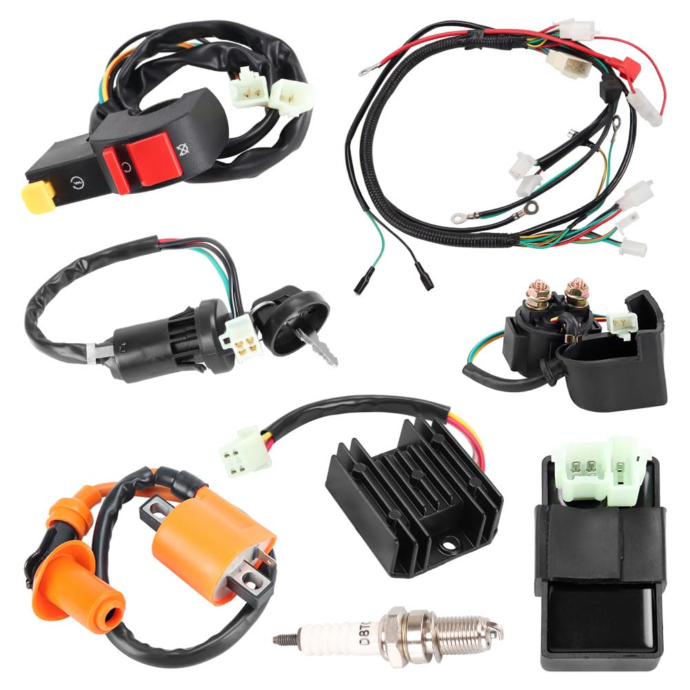CDI Ignition Coil & Wiring Harness Kit for 150CC-250CC ATV, Dirt Bike, Go Kart - Includes Solenoid Relay, Spark Plug & Start Button - Compatible with TaoTao, Kazuma & 4-Stroke Engines - Perfect for Off-Road, Trail Riding & Racing