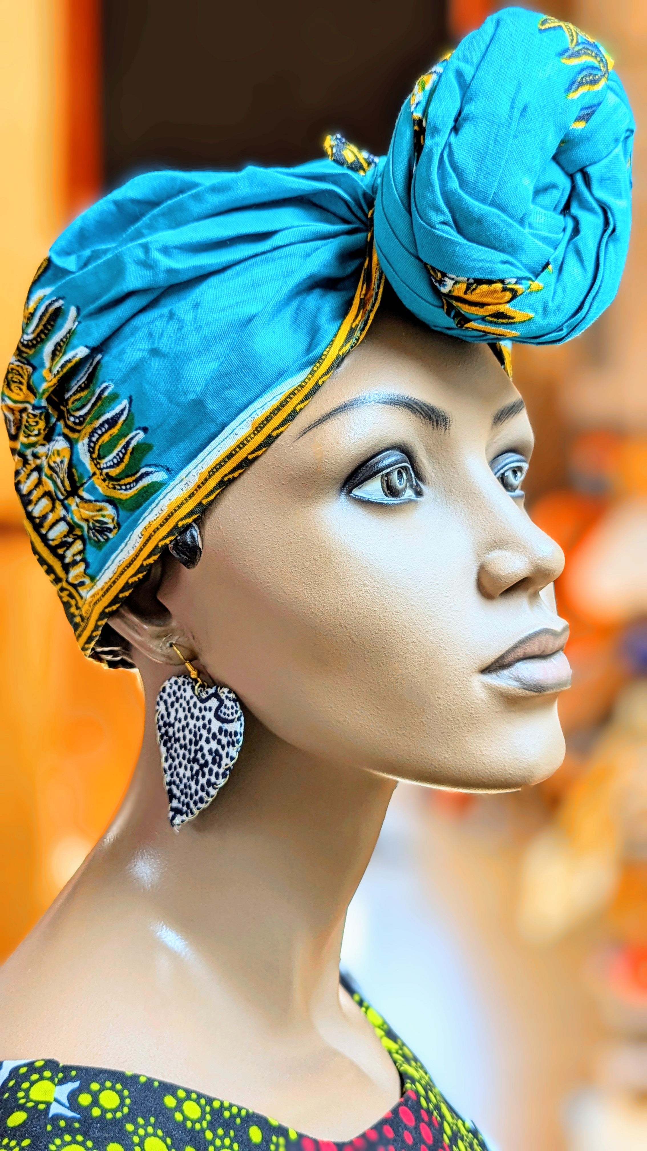 Dupsie's Akira Turquoise Blue Cotton Dashiki Print Pre-Tied Head Wrap Hat DP3769PT8 - Stylish Headwear for Women, African Fashion Accessory, Perfect for Parties, Weddings & Cultural Events