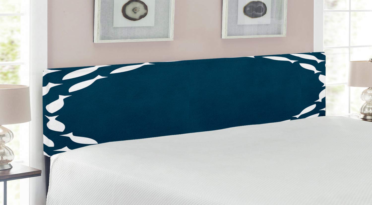 Ambesonne King Size Navy Blue Upholstered Headboard with Memory Foam - Ocean Aqua Fish Circle Print Metal Bed Frame - Coastal Themed Bedroom Decor for Master Bedroom or Guest Room