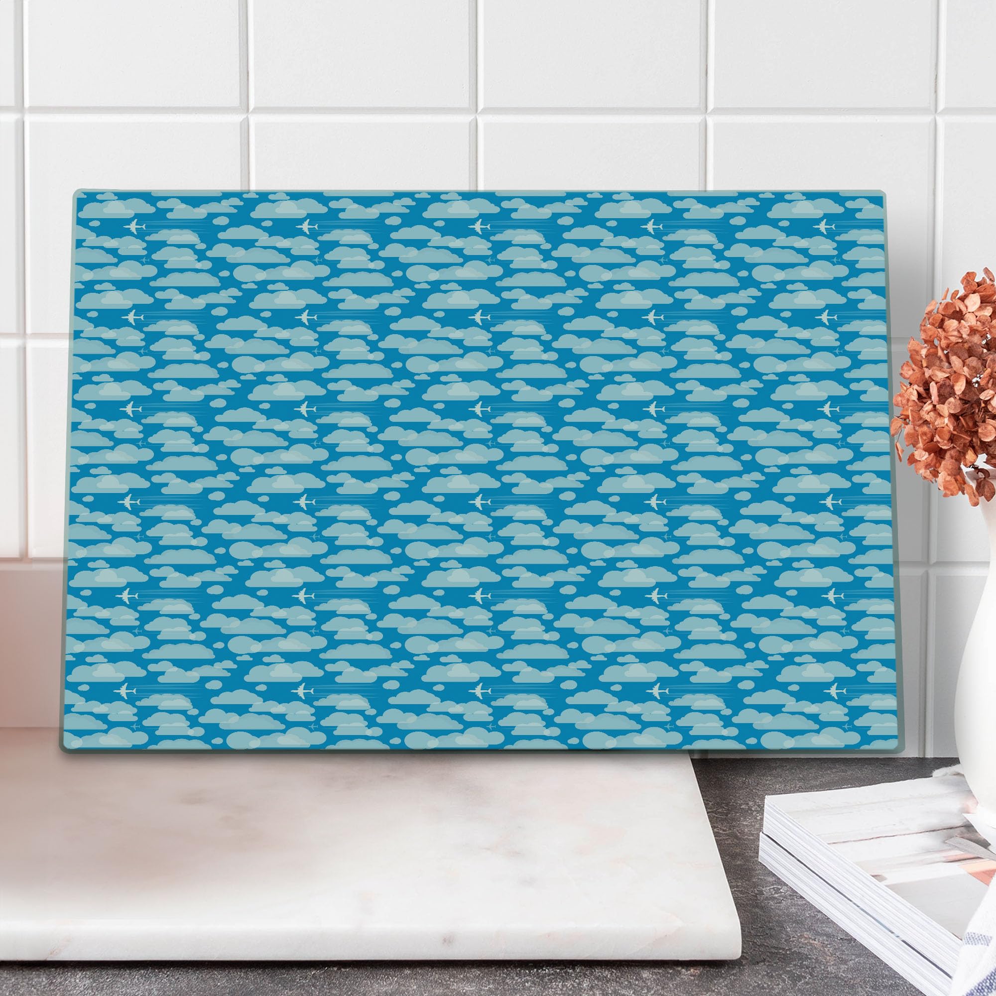 Ambesonne Blue Sky Tempered Glass Cutting Board - Airplane Flying Through Clouds Design - Large Decorative Serving Board for Kitchen & Dining - Perfect for Cheese, Charcuterie & Party Platters