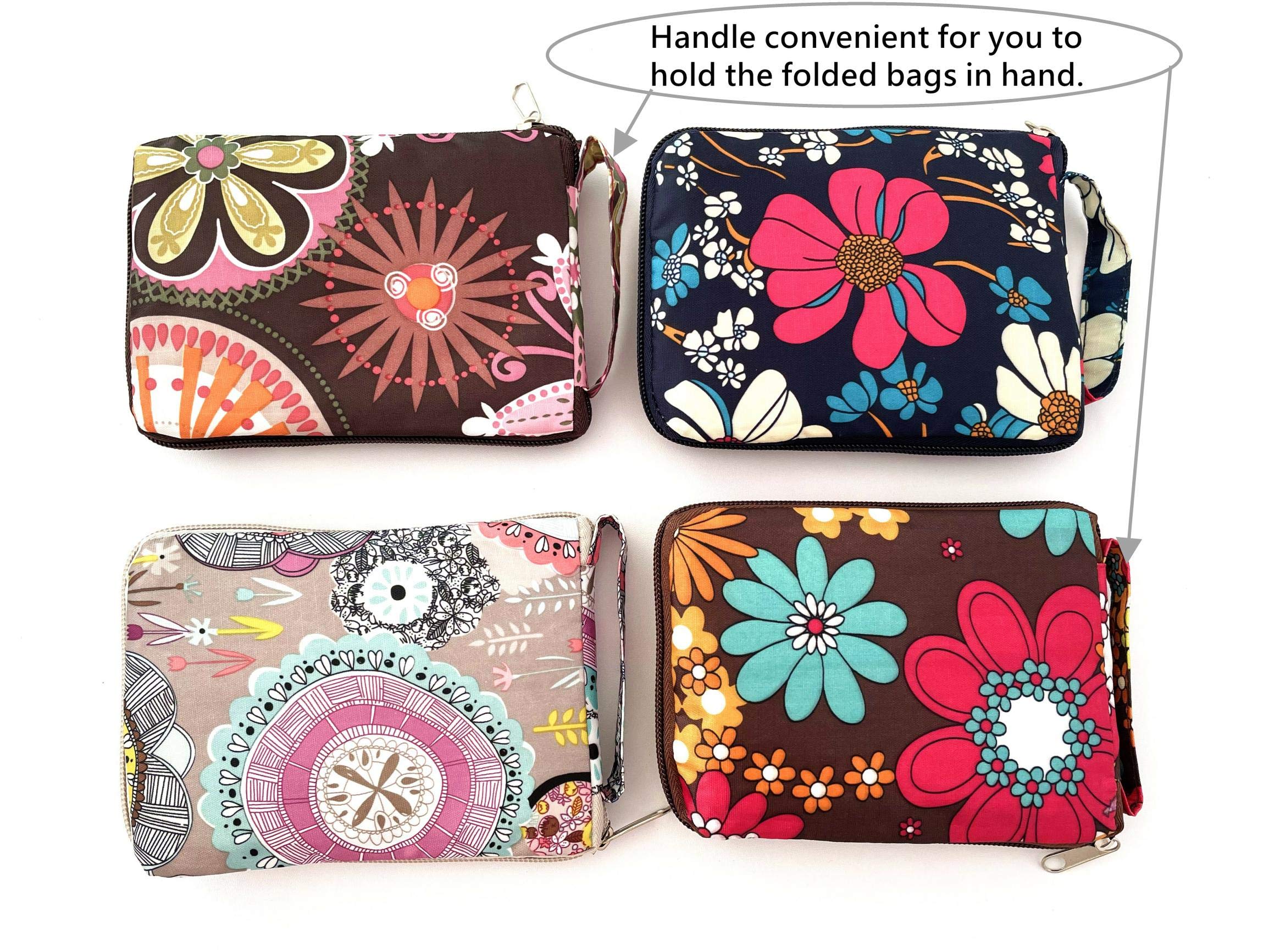 4 Pack Foldable Reusable Grocery Bags with Zipper - Floral Design Lightweight Durable Shopping Tote Bags Holds 50LBS - Perfect for Grocery Shopping, Farmers Market, Picnics & Travel