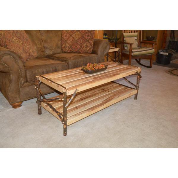Solid Hickory Wood Coffee Table with Storage Shelf - Rustic Farmhouse Living Room Furniture for Home Decor & Entertainment Areas