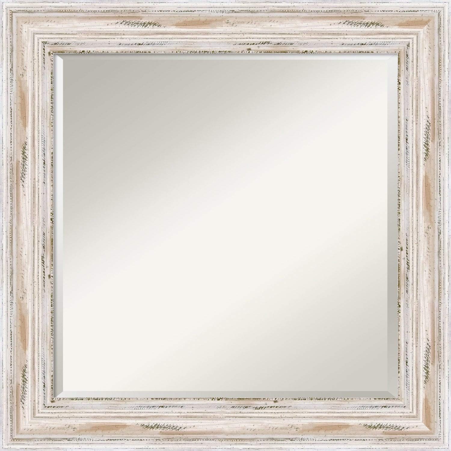 25x25 Inch White Wash Wood Bathroom Vanity Mirror - Modern Contemporary Rustic Design with Hooks & Hardware Included | Perfect for Farmhouse, Coastal, or Modern Bathroom Decor