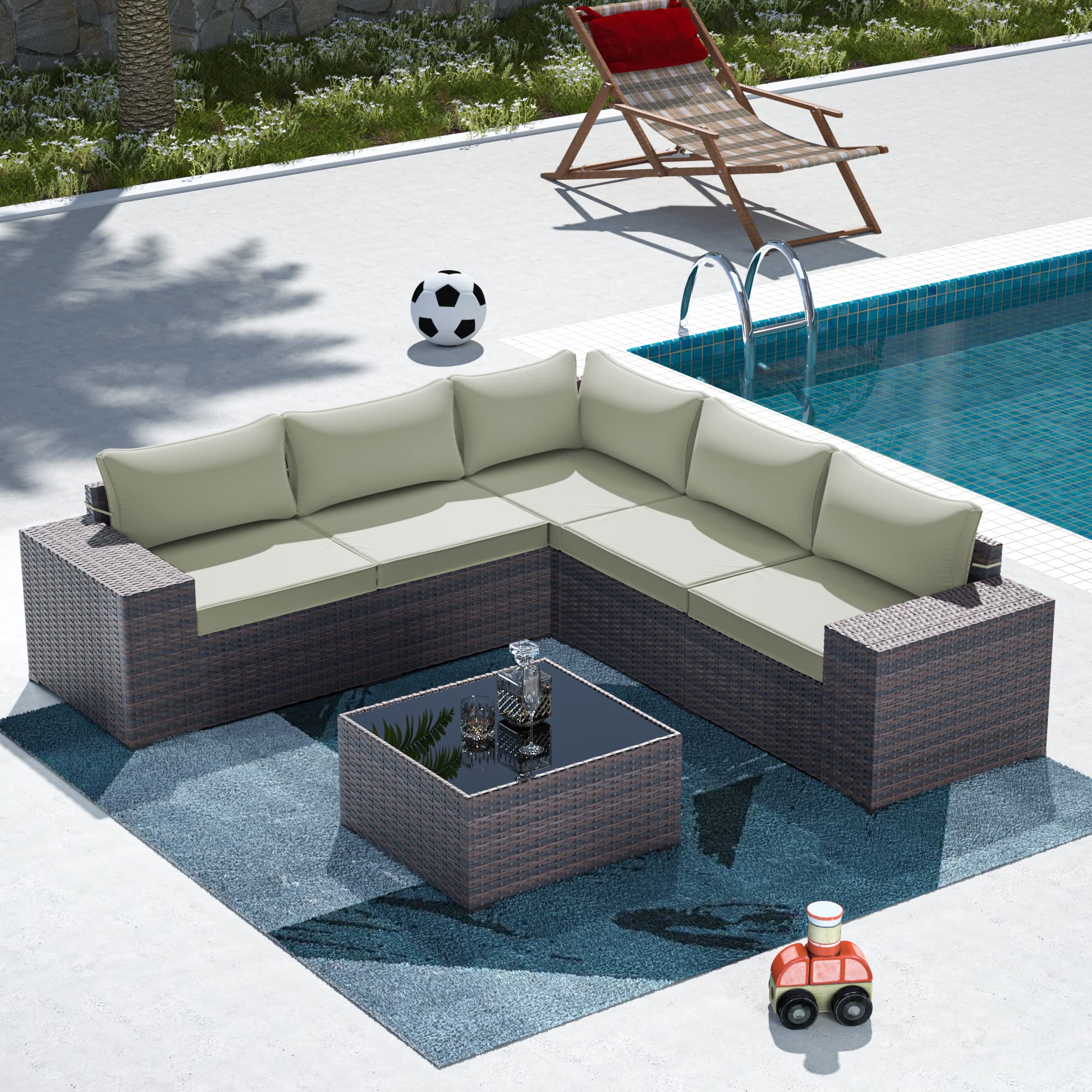 Kulunolo 6-Piece Outdoor Patio Furniture Set - PE Rattan Wicker Sectional Sofa with High Backrest, Wide Armrests, Coffee Table & Cushions (Cream) - Perfect for Garden, Poolside, and Backyard Relaxation