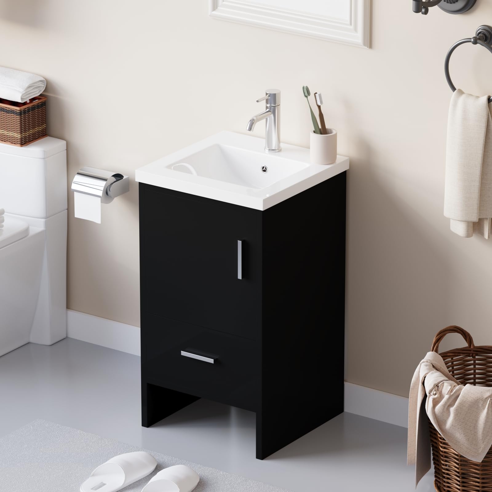 18 Inch Modern White Bathroom Vanity Set with Undermount Resin Sink - MDF Wood Cabinet & Black Countertop for Small Bathroom Remodel, Powder Room Upgrade or Master Bath Makeover
