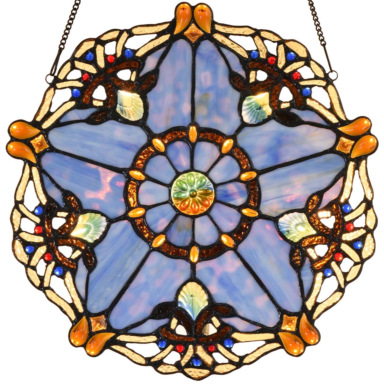 Bieye W10074 Baroque Tiffany Style Stained Glass Window Hanging Panel - 12 Inch Round Stained Glass Art with Five-Pointed Star Design in Blue - Perfect for Church, Home Decor, Wedding & Gift