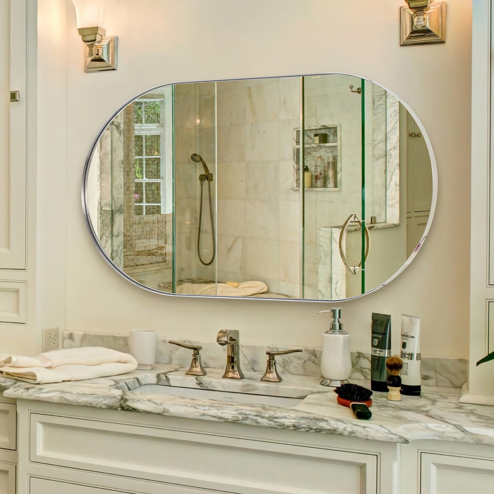 Modern Long Oval Pill-Shaped Capsule Wall Mirror with Stainless Steel Frame - Elegant Bathroom, Bedroom & Entryway Decor for Home & Office