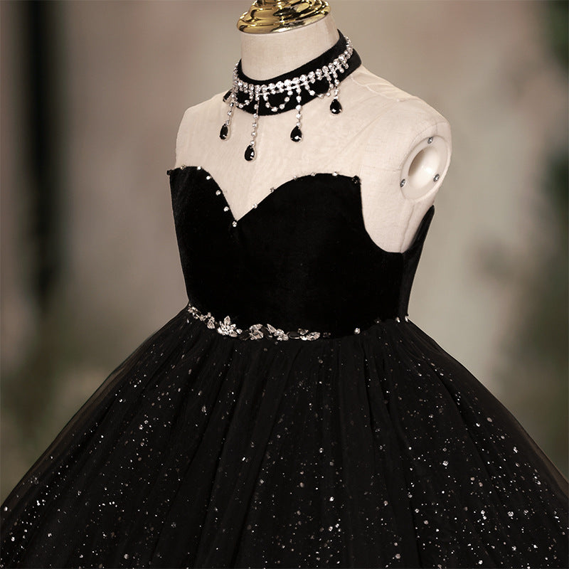 Elegant Black A-Line Flower Girl Dress with Beaded Sequins & Tulle Skirt - Perfect for Weddings, Pageants & Special Occasions