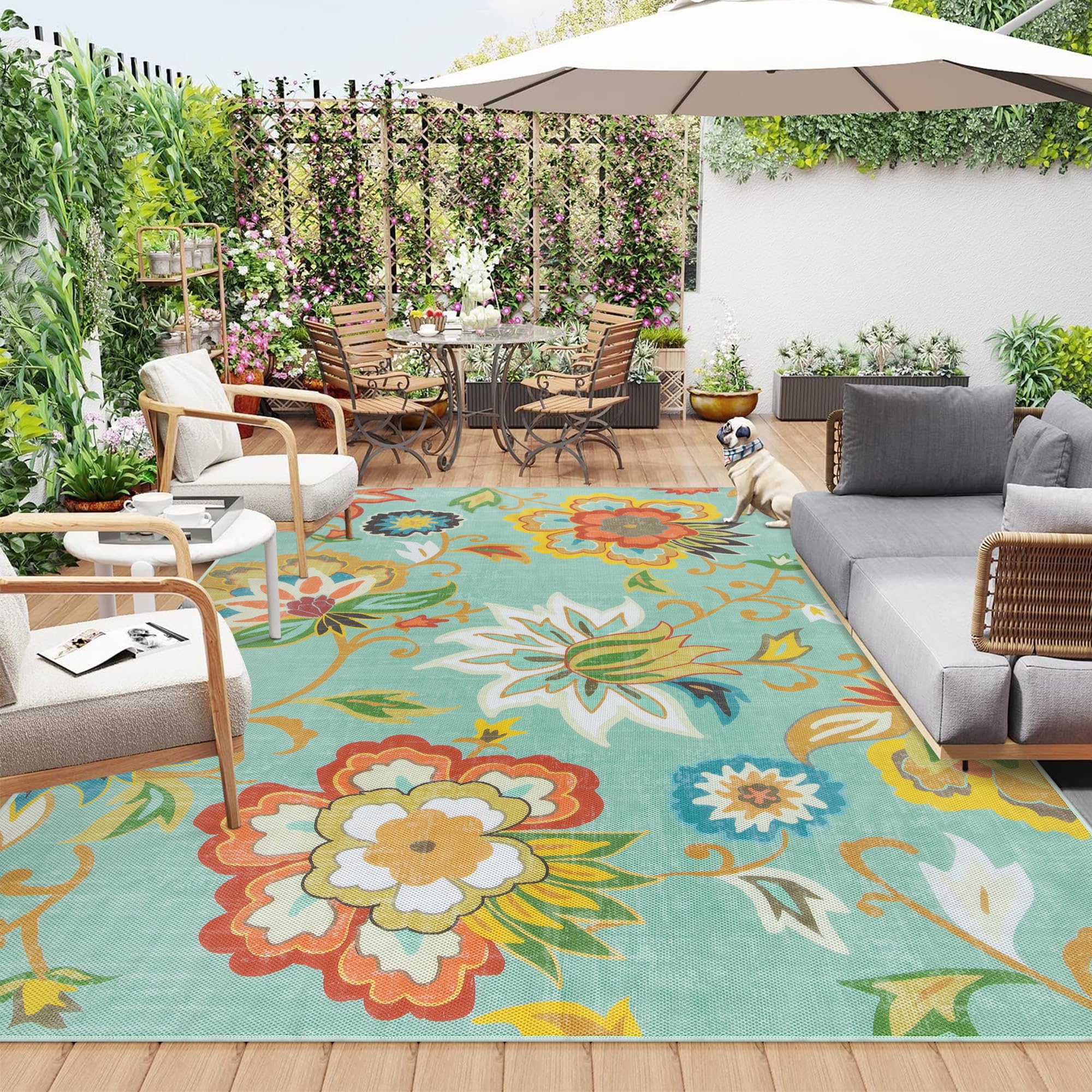 Lahome 8x10 Floral Indoor Outdoor Rug - Non-Slip Patio Carpet for Camping, Picnic, Balcony, Deck, Backyard, RV, Living Room & Bedroom - Portable Large Waterproof Outdoor Mat for Home Decor & Garden Use