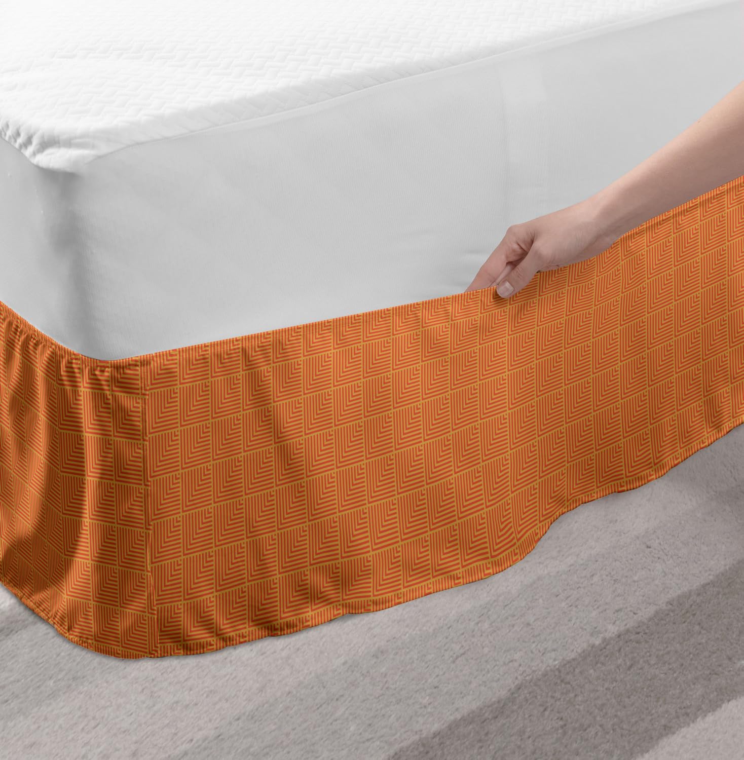 Ambesonne Abstract Bed Skirt - Geometric Checkered Square Design with Angled Lines, Elastic Wrap Around Dust Ruffle for Full Size Beds | Modern Home Decor for Bedroom Styling (Vermilion Earth Yellow)