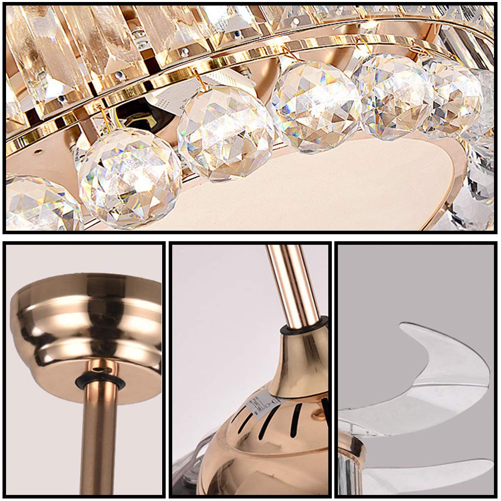 OUKANING 42 Inch Gold Crystal Ceiling Fan with LED Lights - Dimmable Retractable Chandelier Fan with Remote Control, Ultra Quiet for Bedroom, Dining Room & Living Room | Modern Home Decor & Cooling Solution