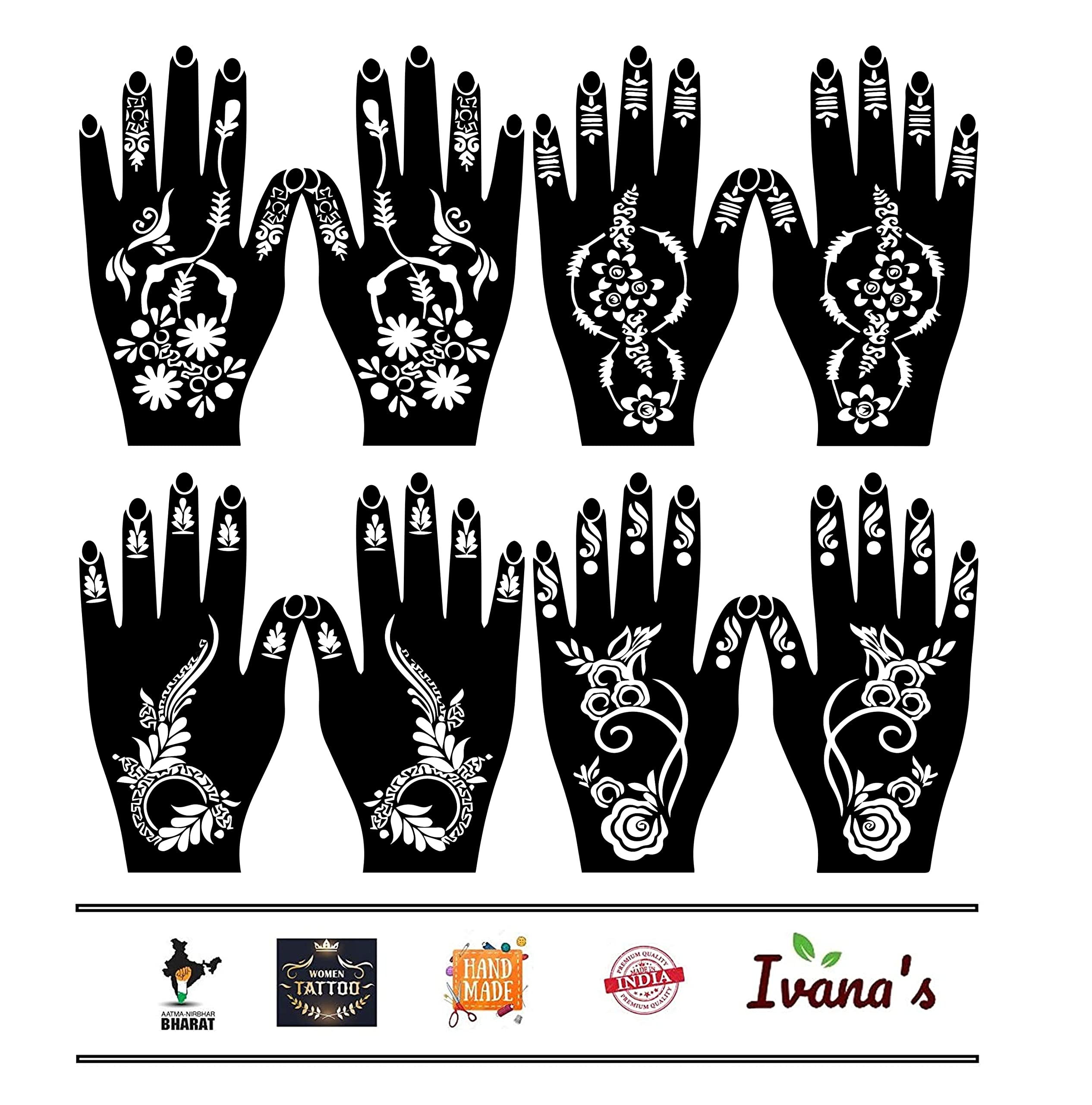 8-Piece Henna Tattoo Stencil Kit for Women & Kids | Reusable Mehandi Designs | Temporary Body Art (MT-07) | Perfect for Weddings, Festivals & DIY Body Decoration