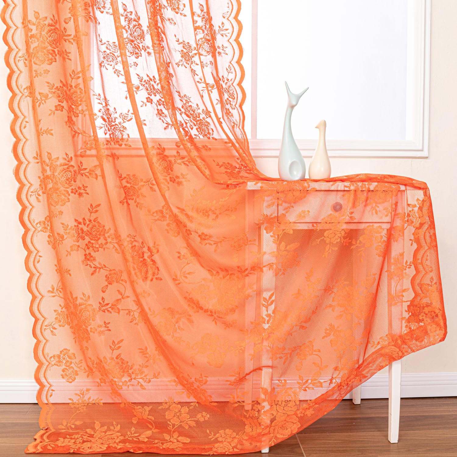 Burnt Orange Sheer Lace Curtains 52x45 Inch - 2 Panels, Rod Pocket Kitchen Window Curtains, Rustic Floral Design for Privacy & Style - Perfect for Country Homes, Bedrooms & Cozy Living Spaces