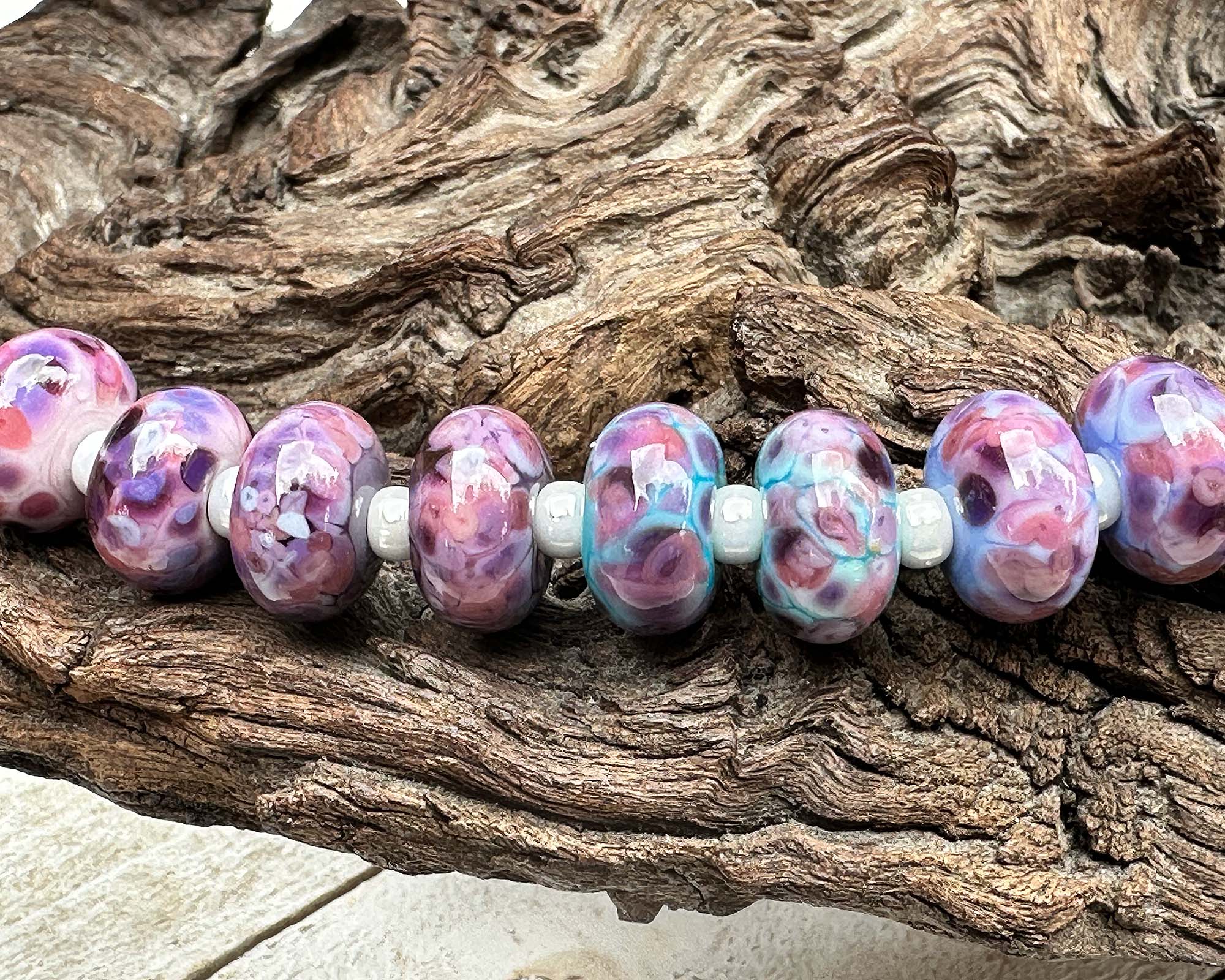 14pcs Lilac Bloom Mosaic Glass Lampwork Beads for Jewelry Making - DIY Bracelet, Necklace & Craft Projects - Handmade Artisan Beads for Boho Style Accessories