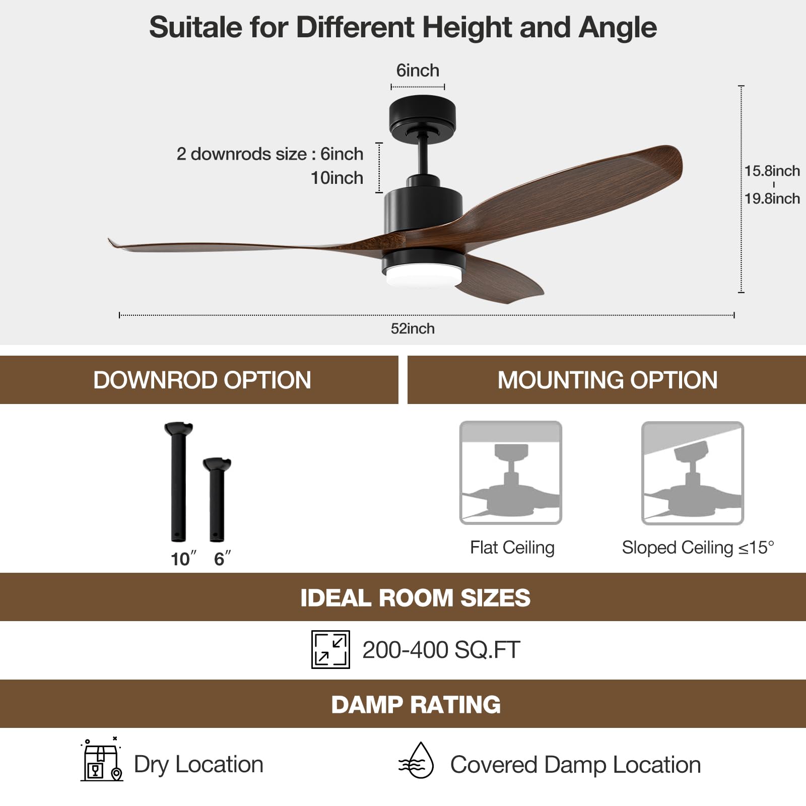 52 Inch Smart Ceiling Fan with Light and Remote Control - Alexa & App Compatible, Reversible 3 Blades, Quiet DC Motor, 6 Speeds, Timer, Dimmable LED - Walnut Finish for Living Room, Bedroom and Office