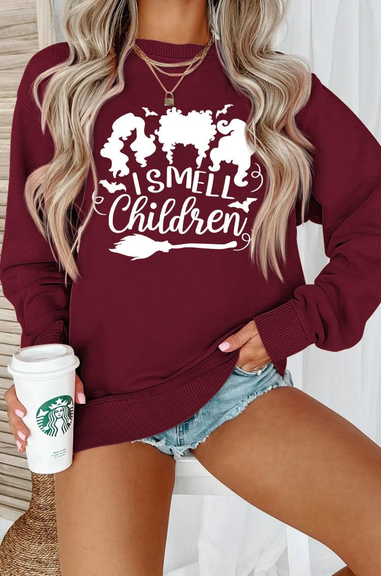 YourTees 'I Smell Children' Halloween Sweatshirt for Women | Hocus Pocus Sanderson Sisters Graphic Pullover | Witch Costume, Spooky Party Outfit, Movie Fan Gift