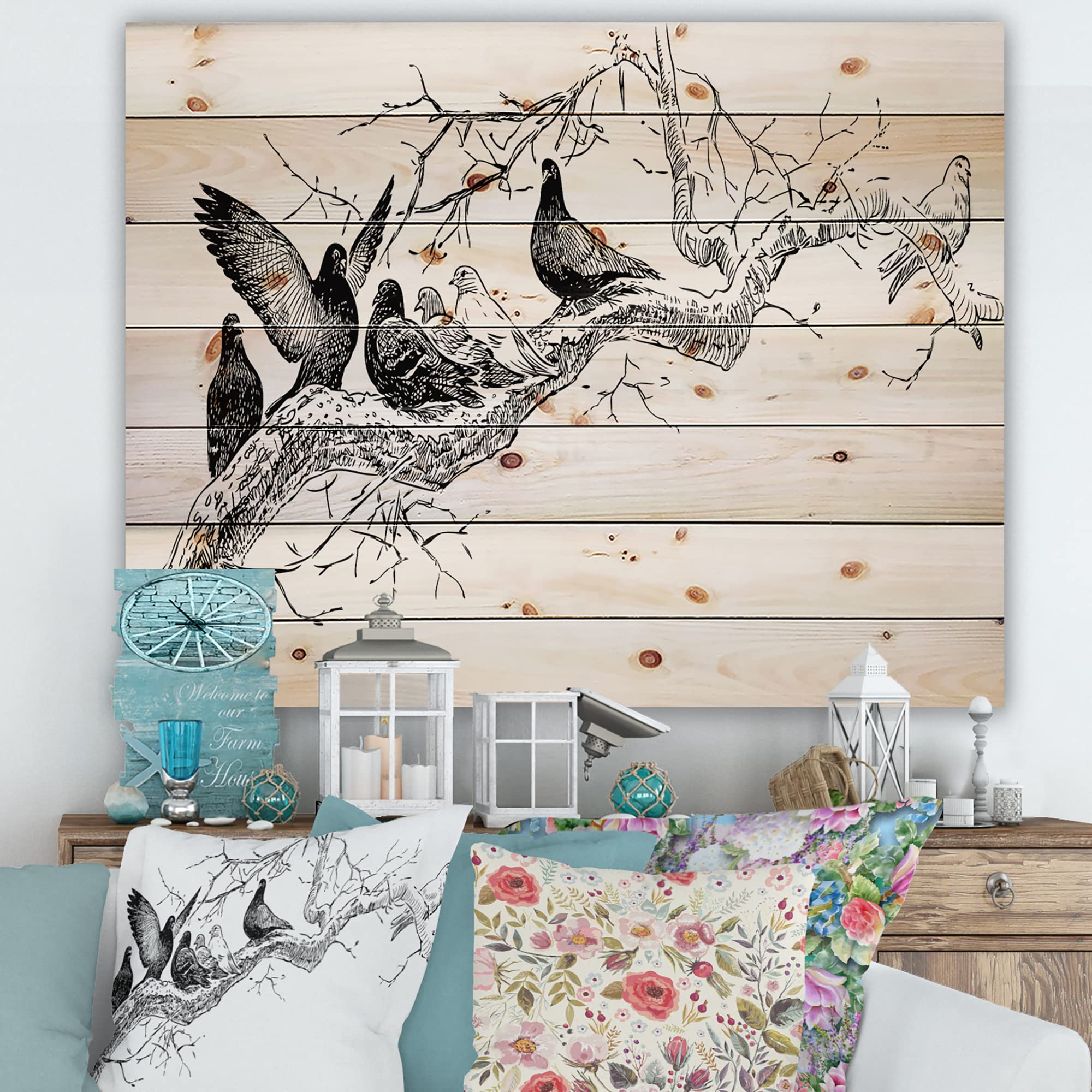 DesignQ Traditional Wood Wall Art - Pigeons on Tree Branch White Pine Wood Decor, Large Landscape Wall Panels for Living Room, Bedroom & Office
