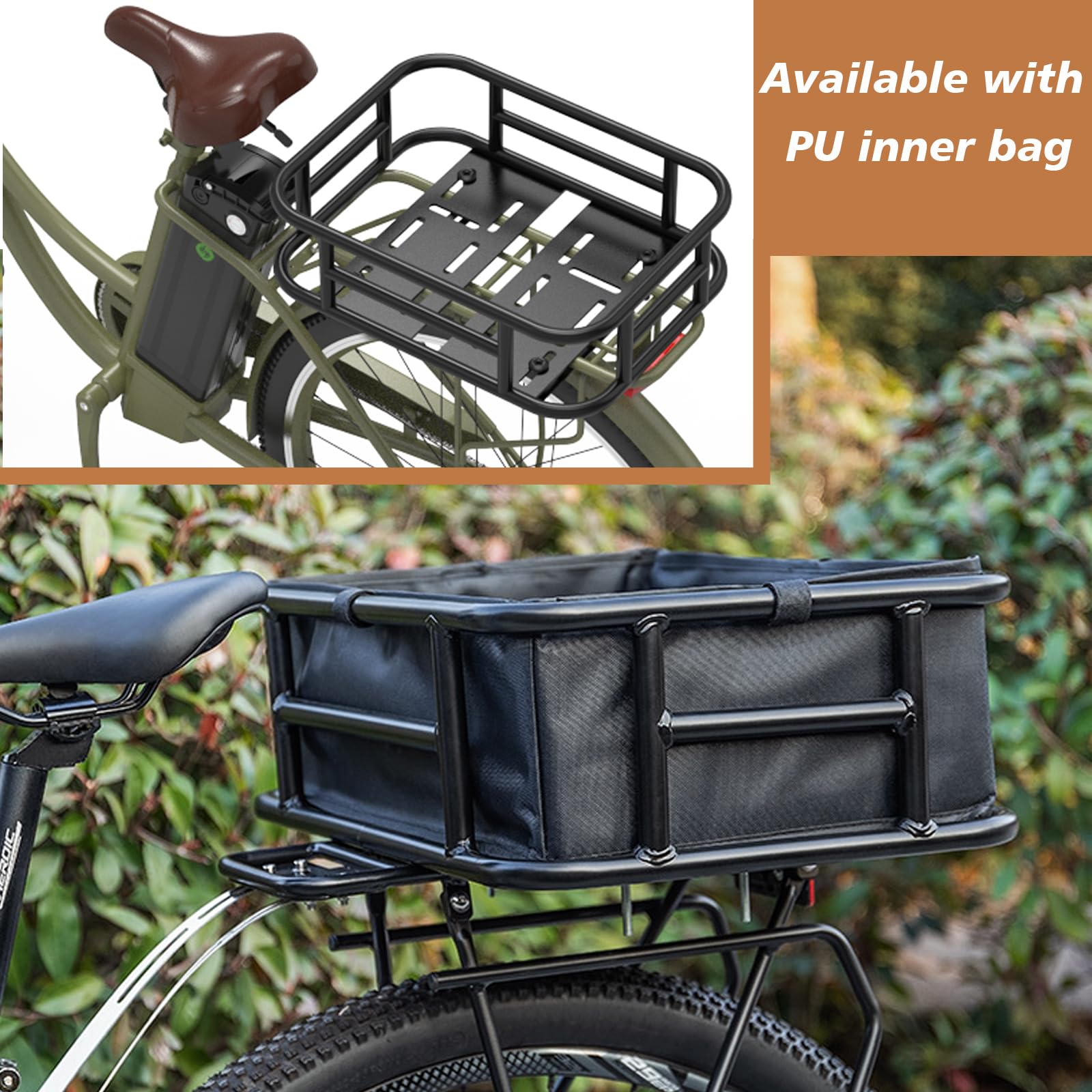 **Heavy Duty Rear Bike Basket with Waterproof Cover & Cargo Net - Large Rear Rack Basket for Bicycles & E-Bikes - Perfect for Commuting, Groceries & Outdoor Adventures**