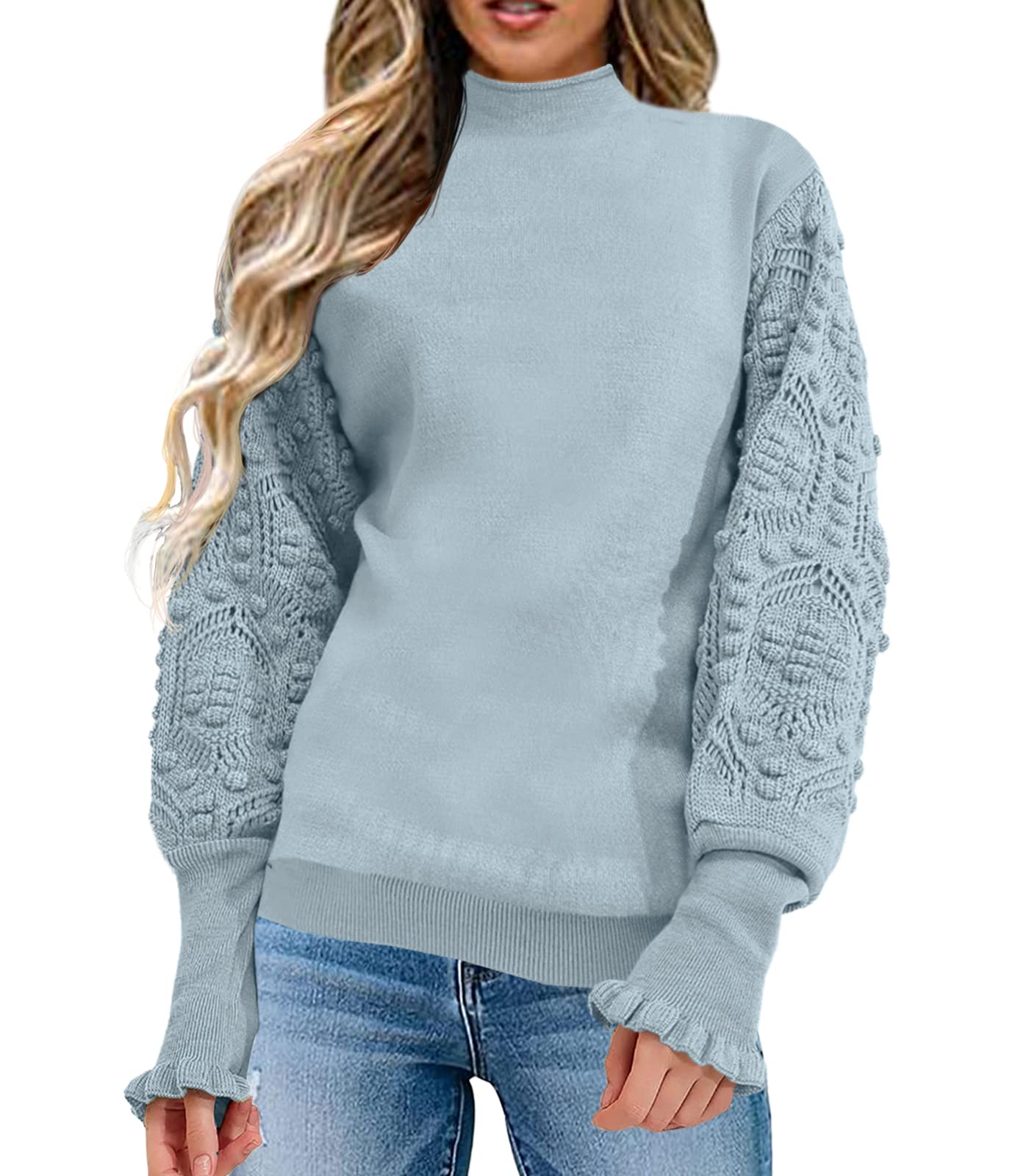 Women's Cute Turtleneck Sweater - Puff Sleeve Crochet Cable Knit Pullover Jumper Top for Fall & Winter Fashion | Cozy Office Wear & Casual Outfits
