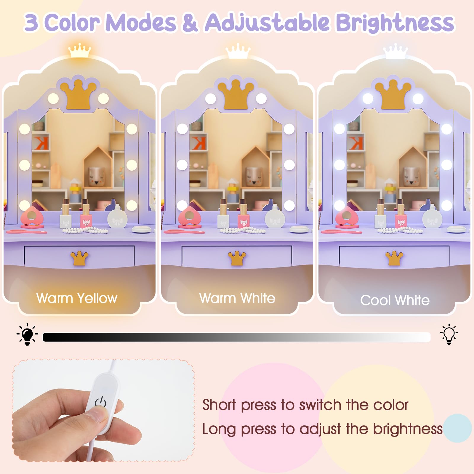 Costzon Kids Vanity Set with LED Lights & Stool - Princess Makeup Dressing Table with Mirror & Drawers for Girls - 2-in-1 Toddler Vanity Play Set (Violet) - Perfect for Pretend Play, Birthday Gifts & Bedroom Decor