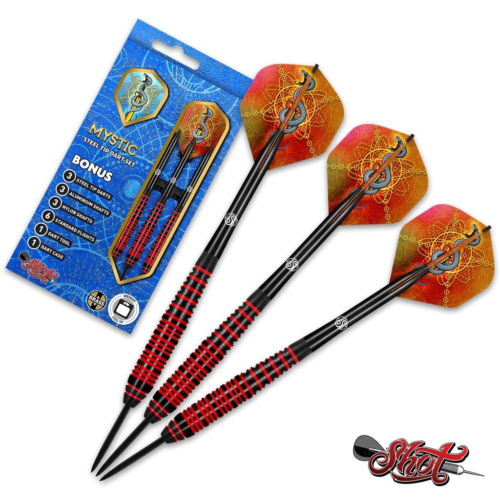 Shot Darts Steel Tip Professional Dart Set - Mystic Red with Pyramid Ring Grip for Precision | Handcrafted in New Zealand | Includes Storage Case & Flights | Perfect for Bars, Tournaments & Home Practice