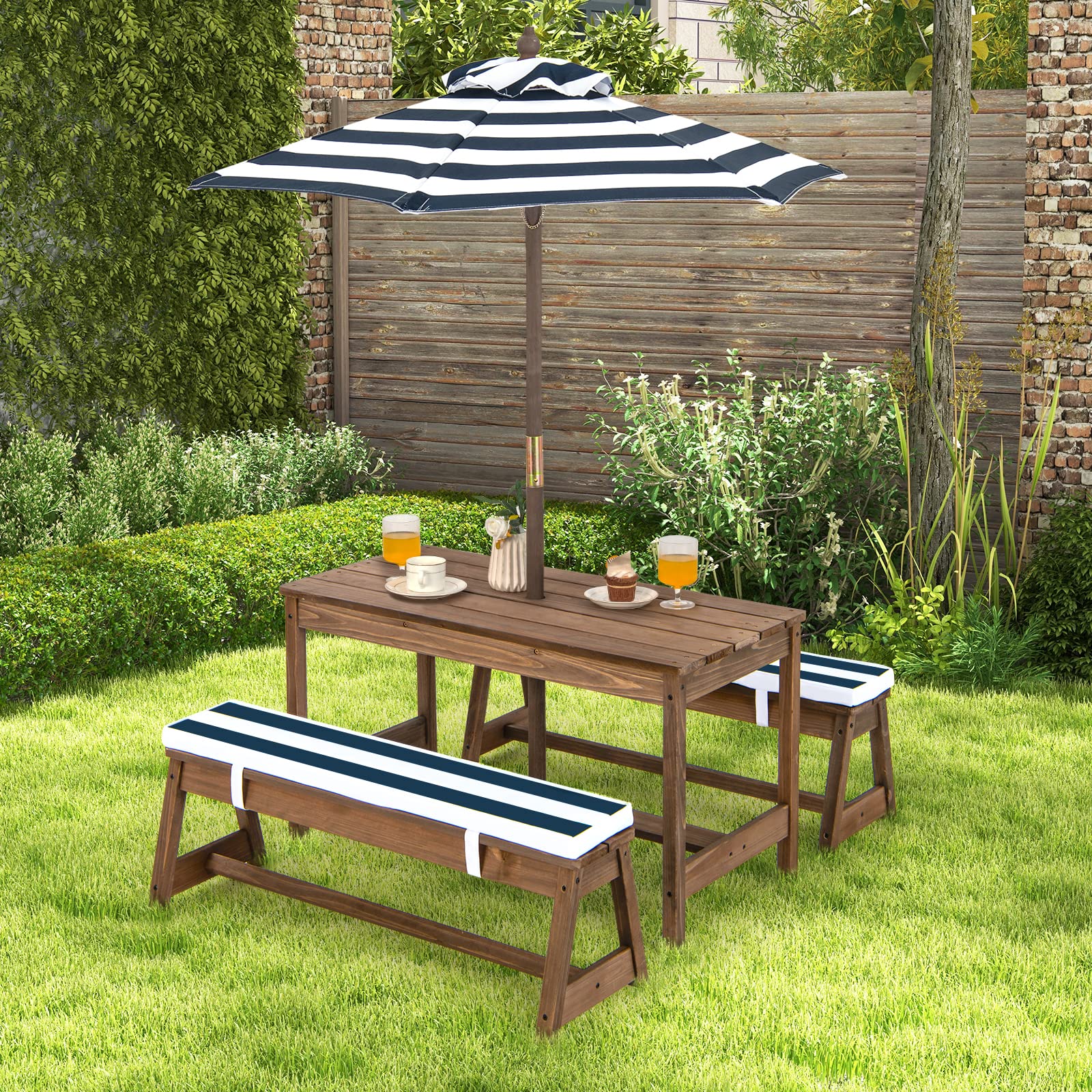 DORTALA Kids Picnic Table with Umbrella & Cushions - Wooden Outdoor Toddler Table and Bench Set for Ages 3-8, Blue - Perfect for Backyard Playdates, Birthday Parties & Outdoor Activities