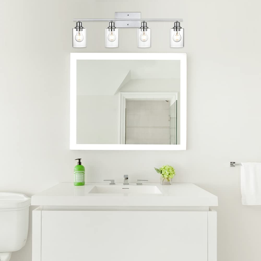 VINLUZ 4-Light Modern Chrome Vanity Light Fixture with Clear Glass Shade - Bathroom Mirror Lighting, Wall Mounted Lamp for Vanity Table & Living Room - Perfect for Makeup, Grooming & Home Decor