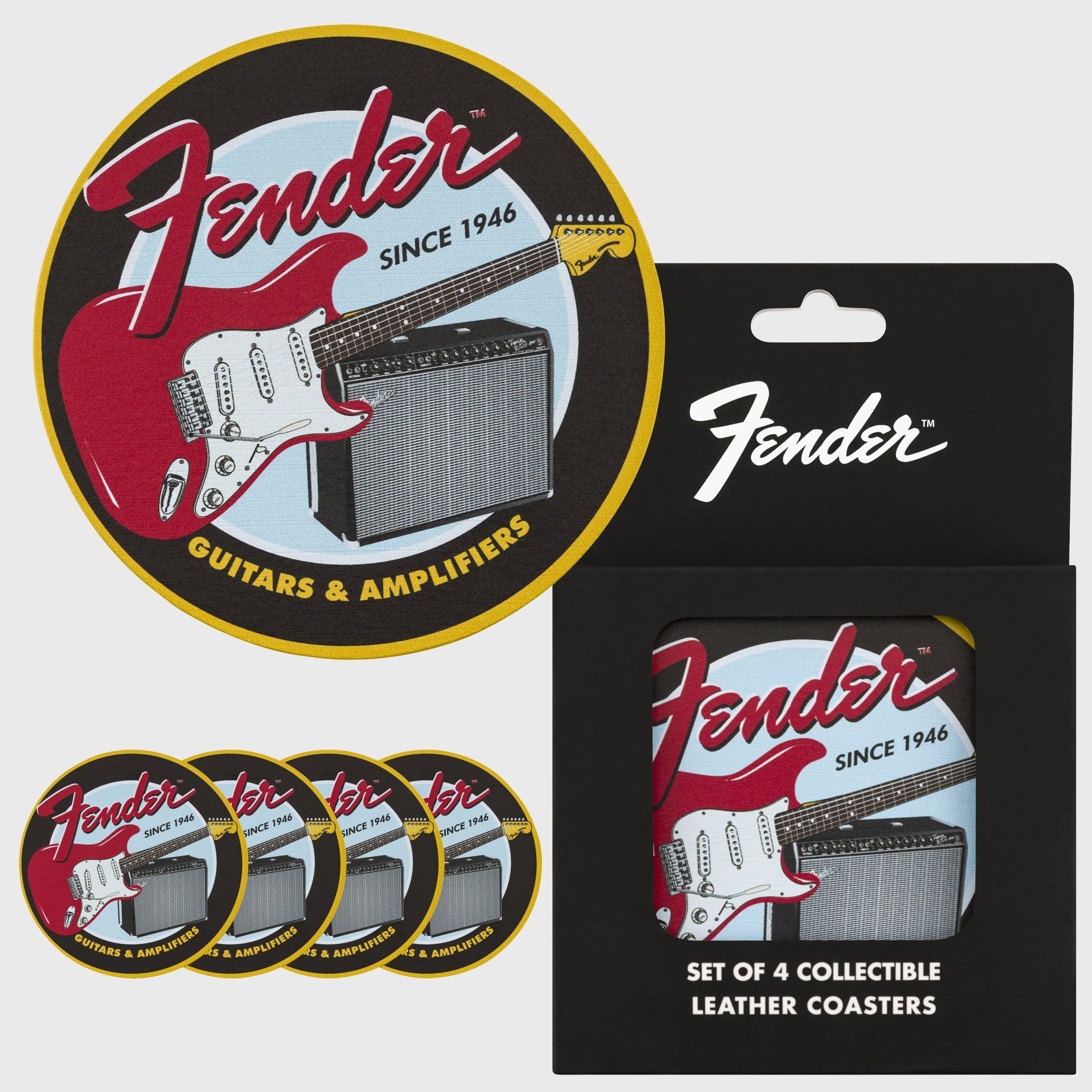 Vintage Fender 1946 Guitar & Amplifier Coaster Set - 4-Piece Drink Coasters for Music Lovers, Perfect for Home Bar, Studio, and Guitar Room Decor
