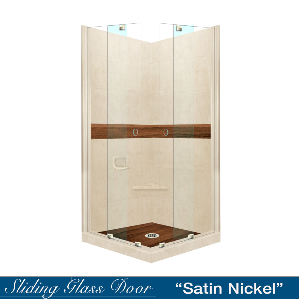 DIY Shower Remodel Kit - Corner Desert Sand Sistine Stone & Burnt Oak Wood Accent Panel for Bathroom Renovation | Waterproof & Easy Installation | Perfect for Modern Home Spa Upgrades