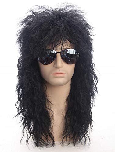 80s Men's Long Curly Blonde Rocker Punk Wig - Mullet Style for Costume, Cosplay & Halloween Party (18 Inch/40cm, Curly Black) - Perfect for 80s Theme Parties, Rock Concerts & Vintage Looks
