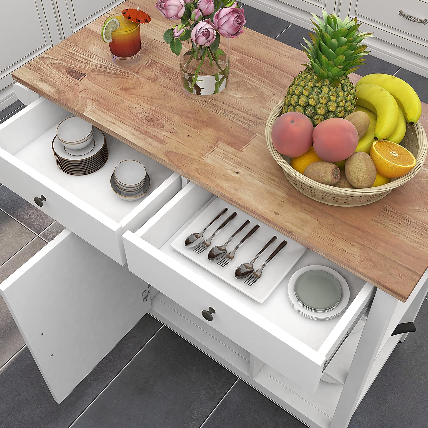 ChooChoo Rolling Kitchen Cart with Wooden Top - Mobile Kitchen Island with Storage Drawers & Shelves, Easy Assembly, White - Perfect for Small Spaces, Apartments & Extra Counter Space