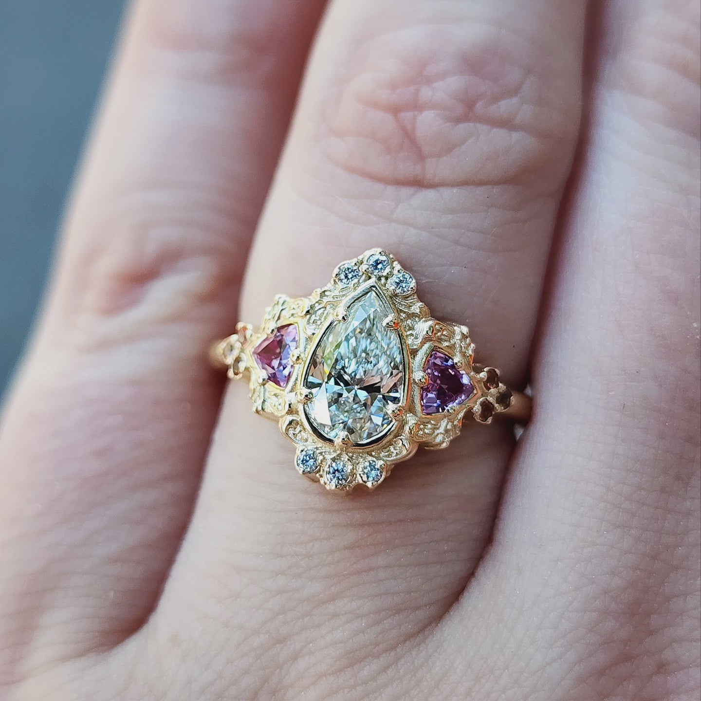 Ophelia Filigree Engagement Ring in 14k Gold with Trillion Cut Stones - Elegant Wedding Band for Proposals, Anniversaries & Romantic Occasions