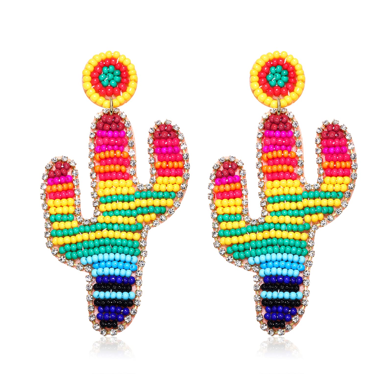 Boho Beaded Cactus Drop Earrings for Women - Rhinestone Rainbow Dangle Earrings, Handmade Jewelry for Girls | Perfect for Festivals, Parties & Boho Fashion
