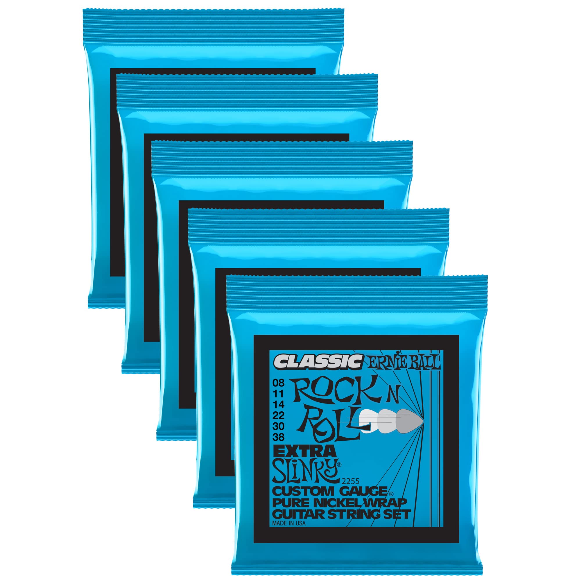5-Pack Ernie Ball 2255 Classic Pure Nickel Extra Slinky Electric Guitar Strings 8-38 Gauge - Perfect for Rock, Blues & Jazz Performances