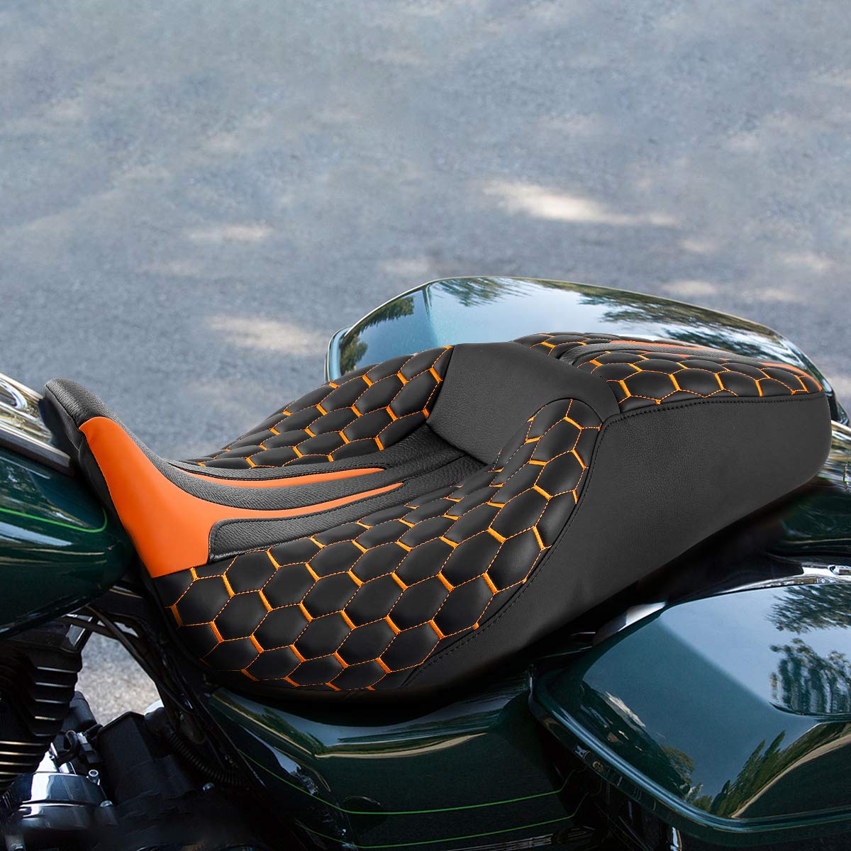 Premium Hexagon Stitched Low-Profile Touring Seat for Harley Davidson Road King, Street Glide, Road Glide, Electra Glide & CVO (2009-2020) - Comfortable Orange Motorcycle Seat for Long Rides & Road Trips