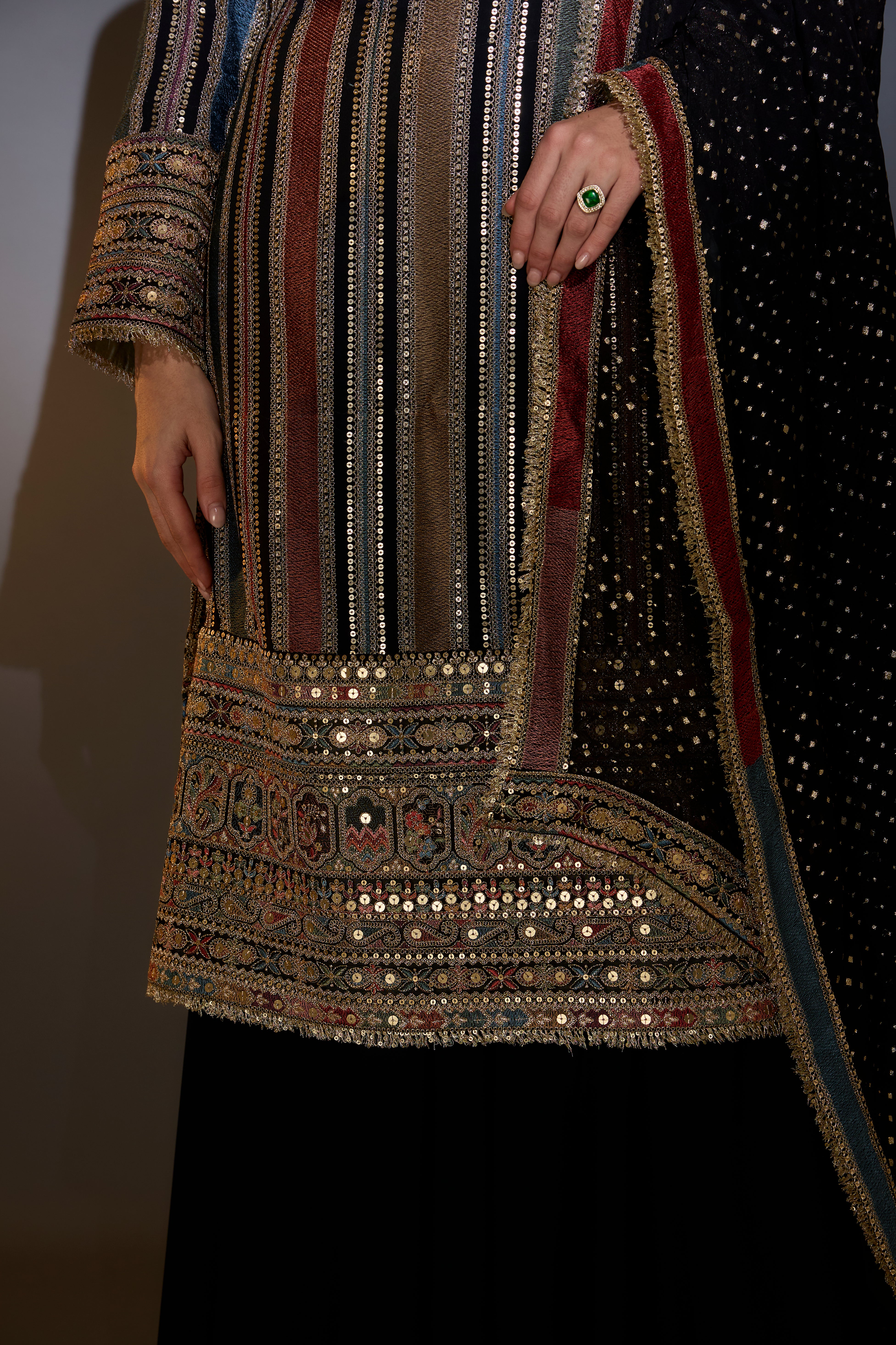 Exquisite Multi-Color Striped Suit Set with Intricate Thread & Zari Work - Matching Sharara & Dupatta - Perfect for Weddings, Festivals & Special Occasions