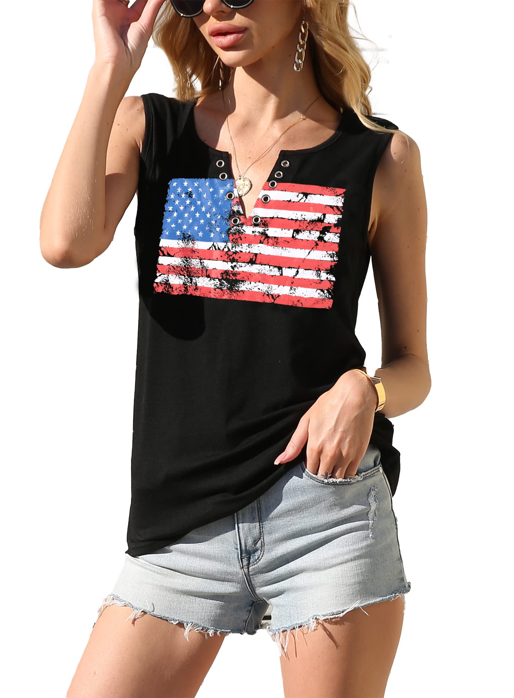 American Flag Tank Tops for Women - Sleeveless V-Neck Patriotic Shirts with Ring Hole Design | Stars & Stripes Summer T-Shirts | Perfect for 4th of July, BBQ Parties & Outdoor Events