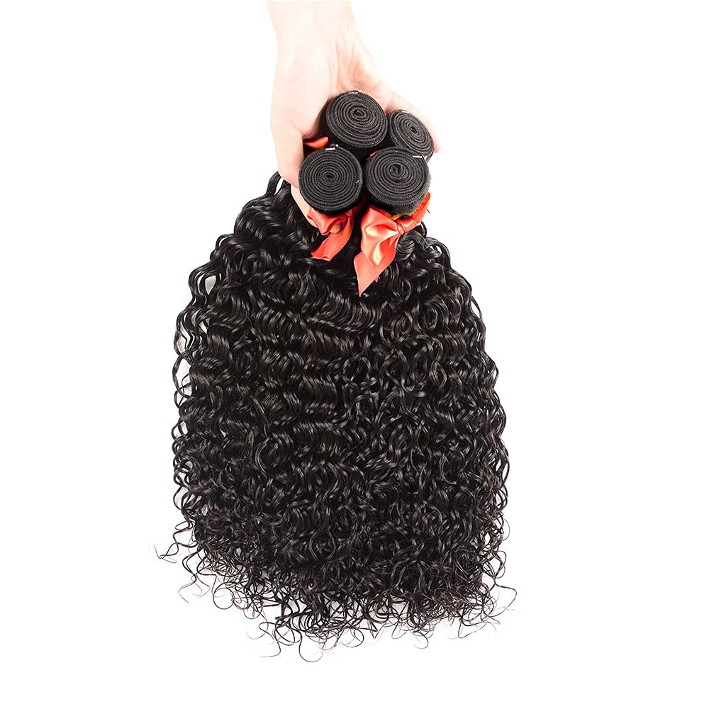 10A Grade Water Wave Human Hair Bundles - 4 Pcs Brazilian Deep Curly Wet & Wavy Hair Extensions (20/22/24/26 Inch) - Natural Black Color for Stunning Hairstyles | Perfect for Daily Wear, Parties & Special Occasions