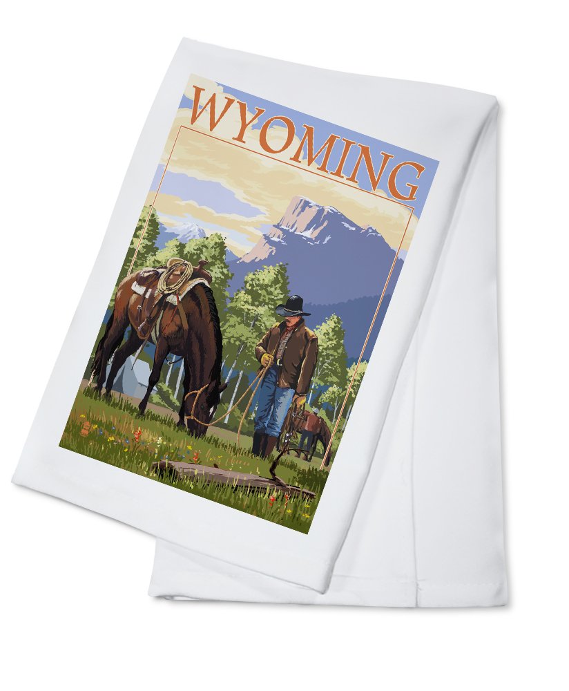 Wyoming Cowboy & Horse Spring Design 100% Cotton Tea Towel - Decorative Kitchen Hand Towel for Farmhouse, Western & Rustic Home Decor | Perfect for Drying Dishes, Gift Giving & Country Style Kitchens