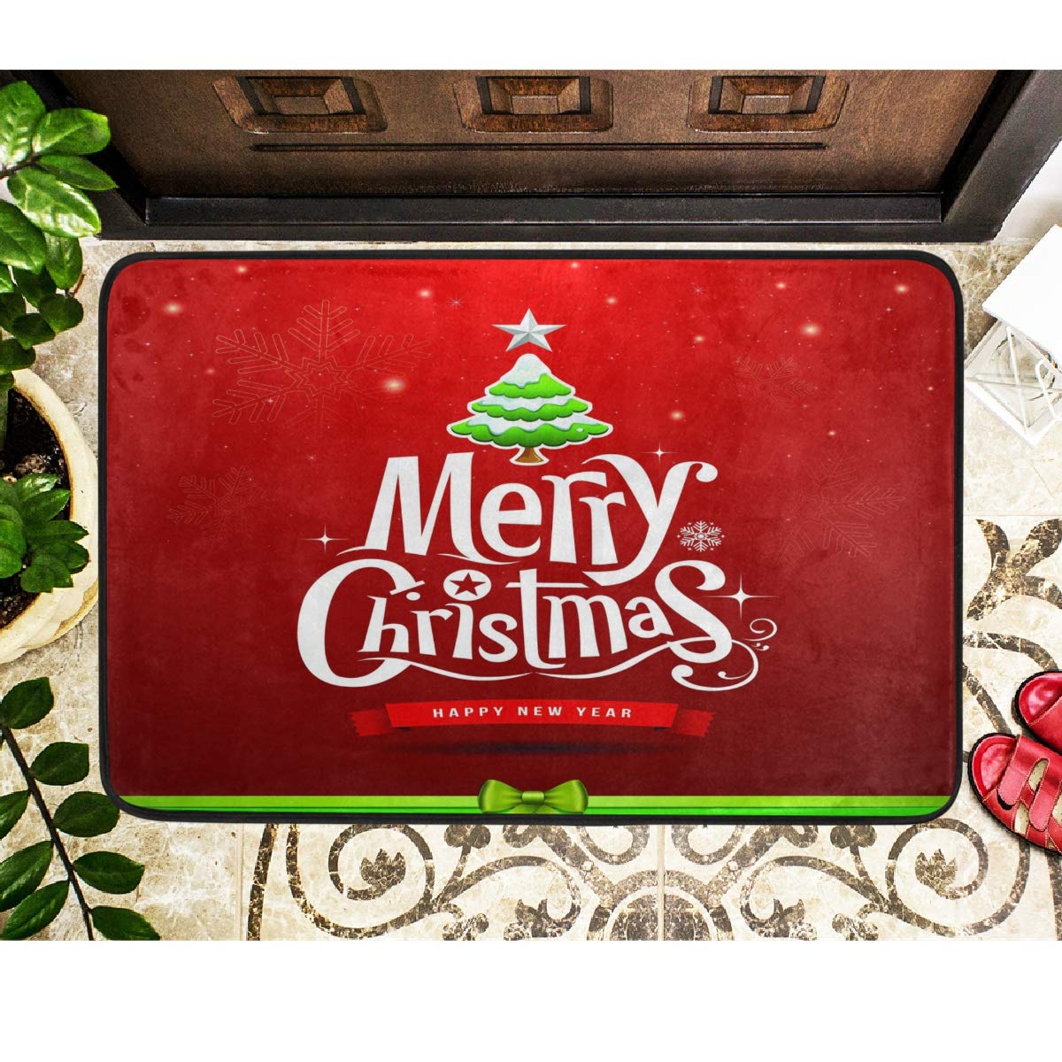 Non-Slip Christmas Doormat - Merry Christmas Tree Design Indoor/Outdoor Welcome Mat (23.6x15.7 Inch) - Washable Holiday Decor for Front Door, Porch & Bathroom - Perfect for Winter & Xmas Home Decor