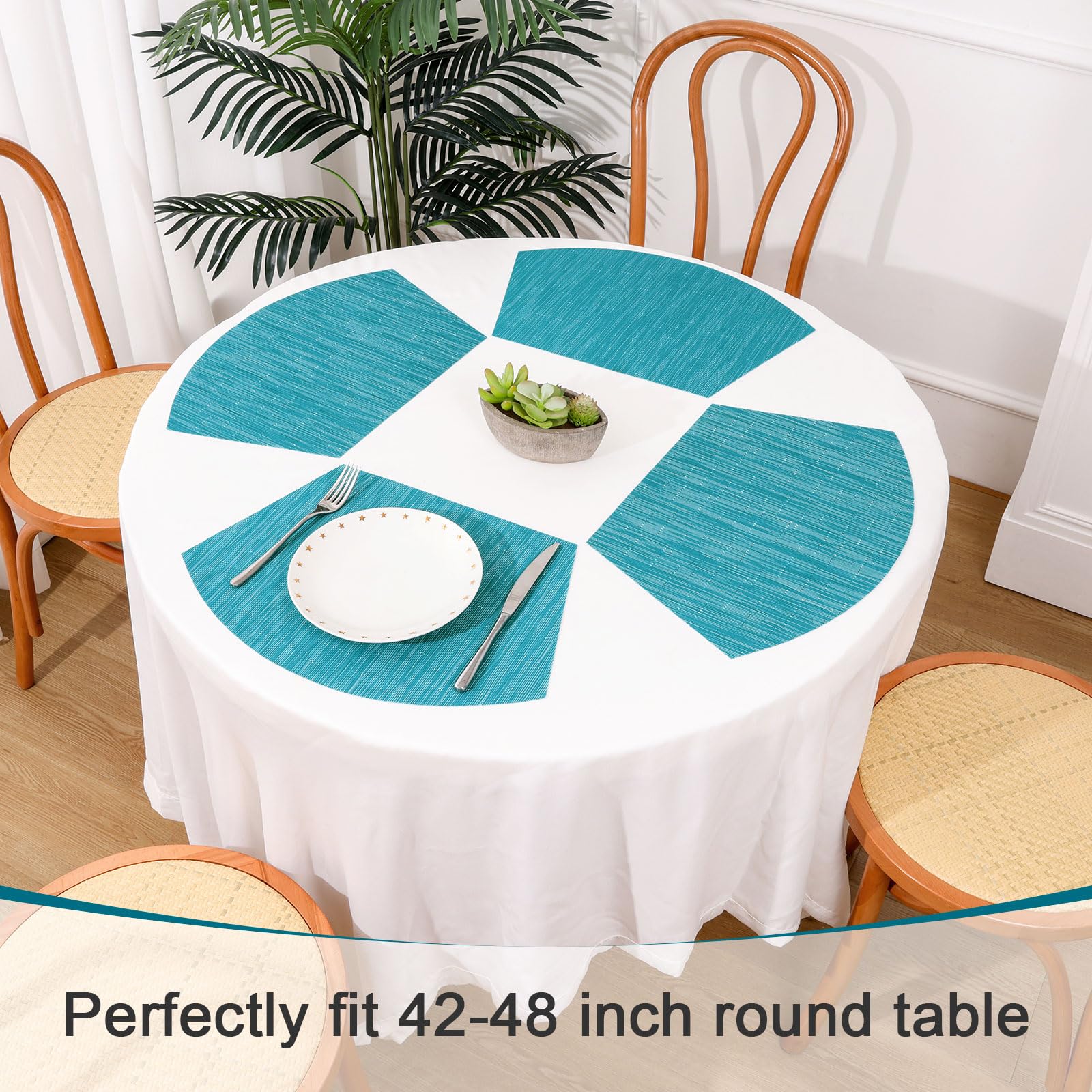 SHACOS 4-Pack Round Wedge Placemats Set - Heat Resistant Woven Vinyl PVC Table Mats for Indoor & Outdoor Use - Wipe Clean & Durable - Perfect for Dining Tables, Picnics, and Parties (Teal Blue)