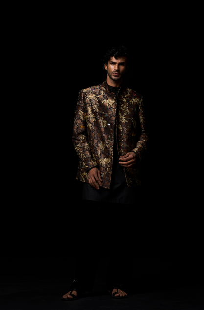 Elegant Black Bandhgala Silk Brocade Jacket for Men | Traditional Indian Wedding Attire | Perfect for Festivals, Parties & Formal Occasions